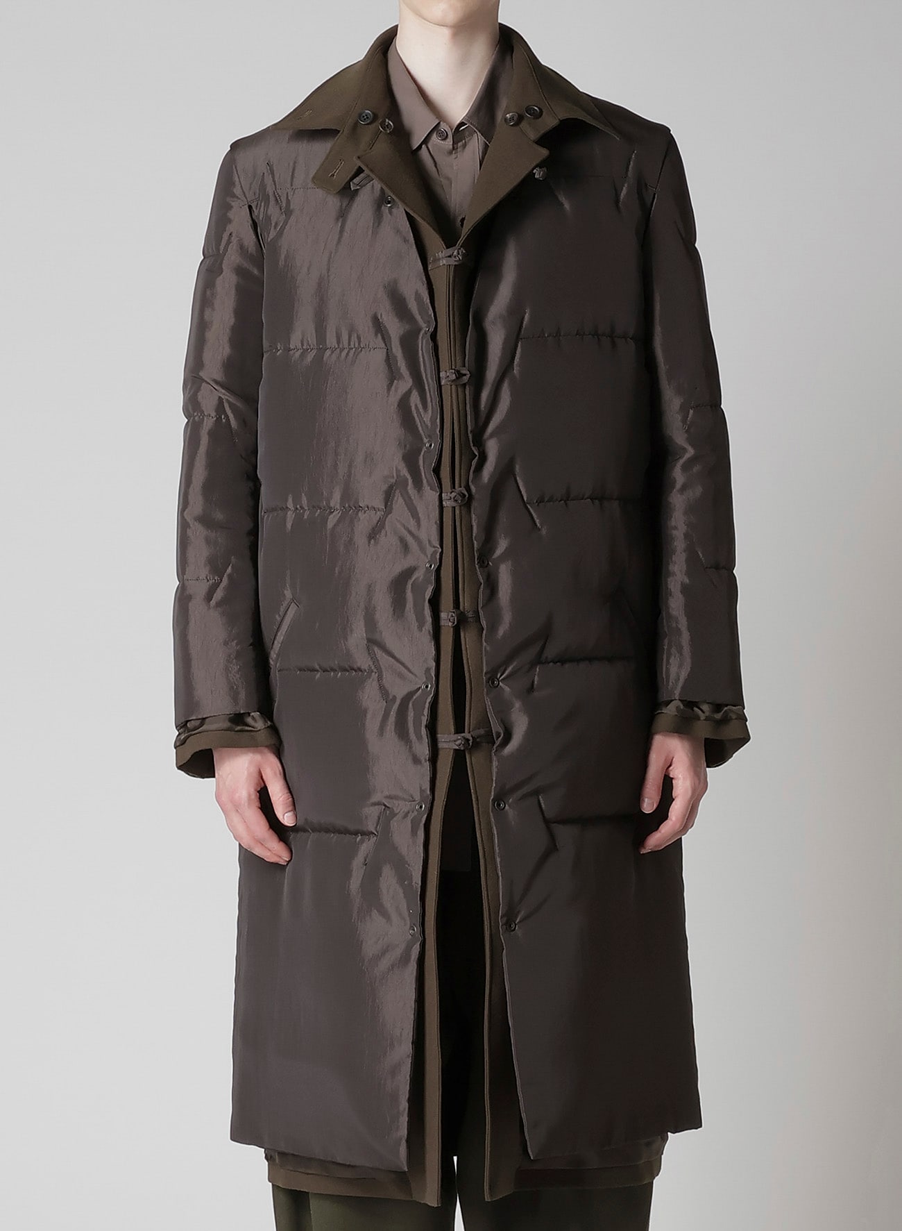 FLANNEL KHAKI BELTED LONG JACKET WITH LINER