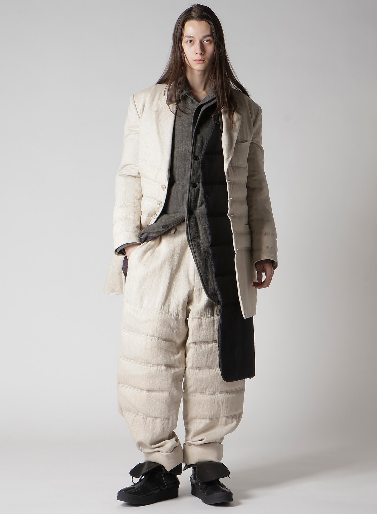 LINEN/COTTON DENIM 6 BUTTONS PADDED JACKET