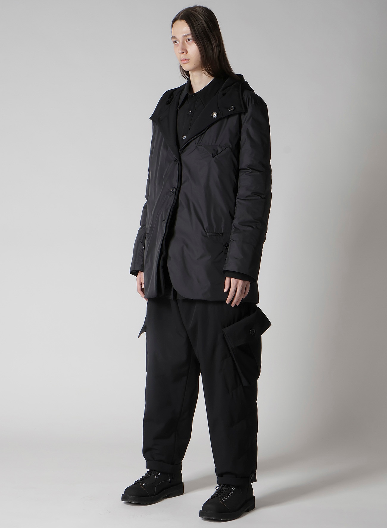 WOOL GABARDINE DIAGONAL PADDED HOODED JACKET