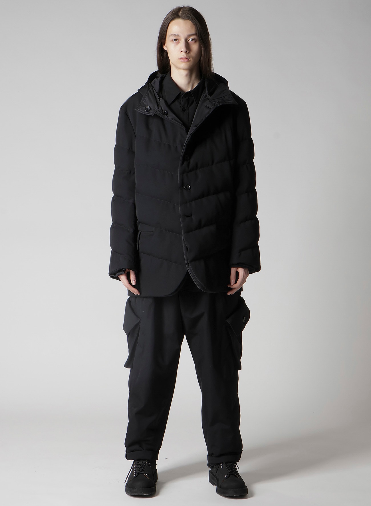 WOOL GABARDINE DIAGONAL PADDED HOODED JACKET
