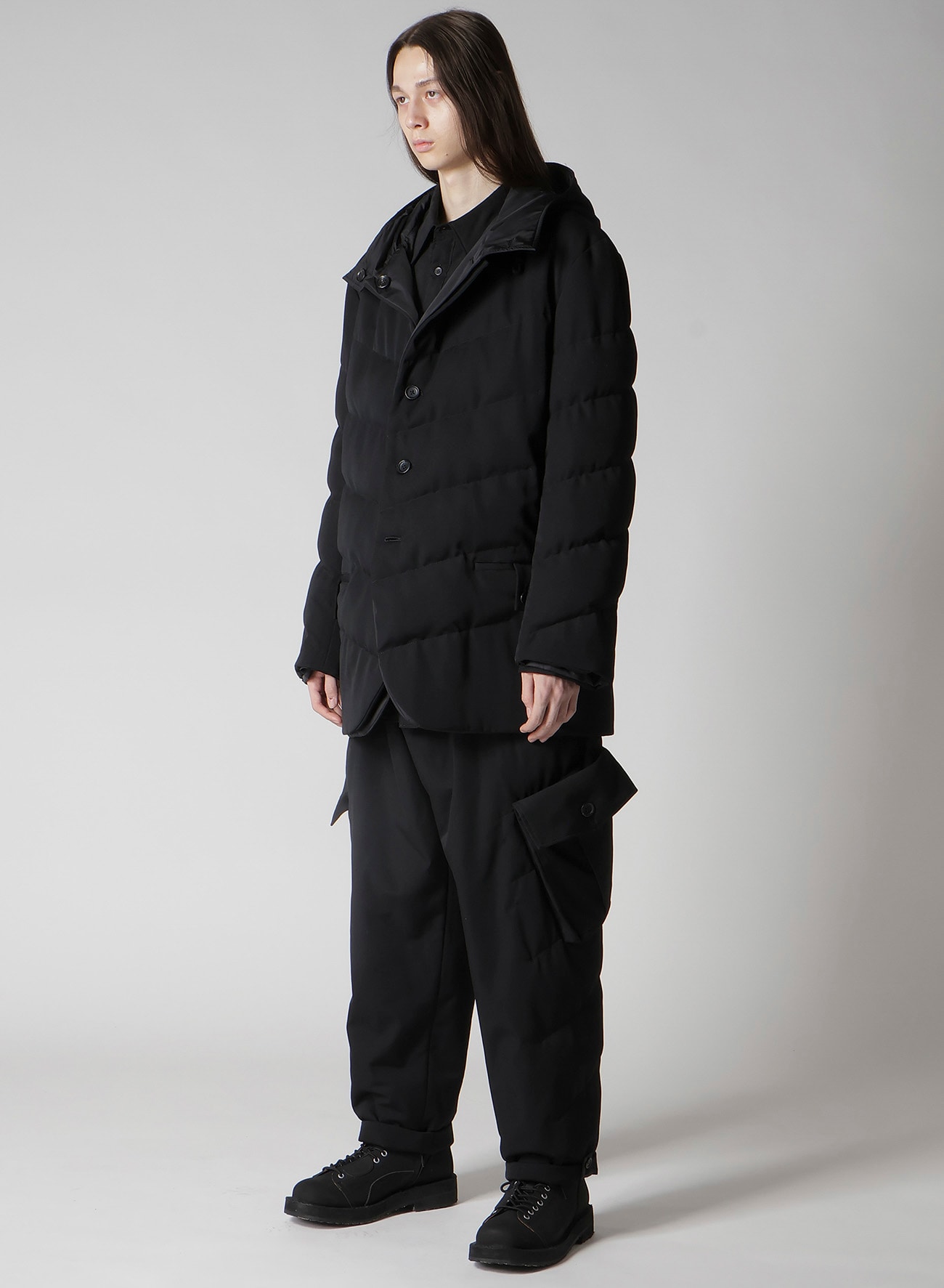 WOOL GABARDINE DIAGONAL PADDED HOODED JACKET