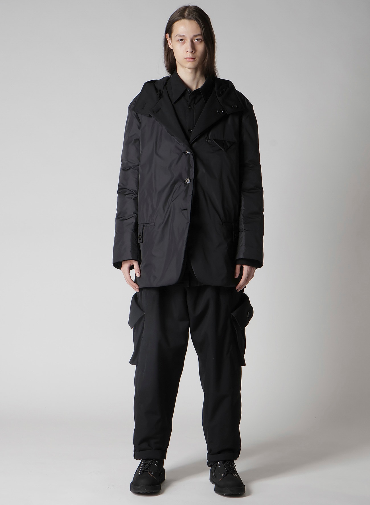 WOOL GABARDINE DIAGONAL PADDED HOODED JACKET
