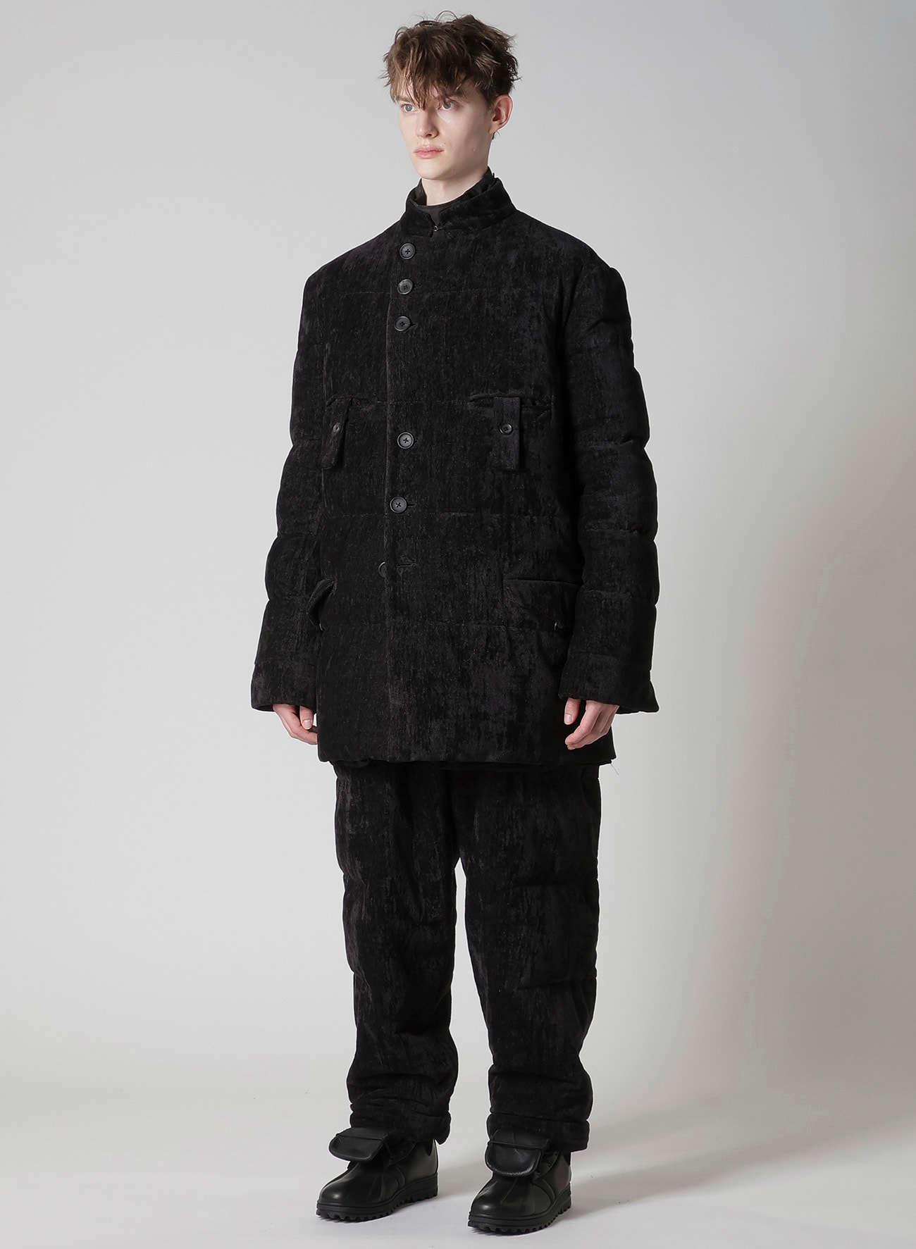 LINEN VELVET HORIZONTAL PADDED LONG JACKET