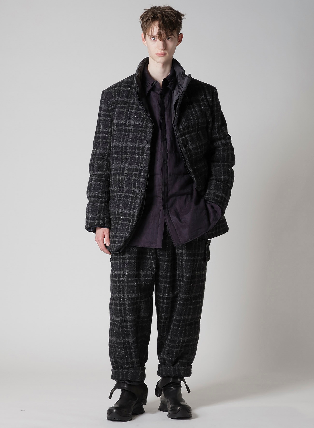HORIZONTAL PADDED PLAID STAND JACKET