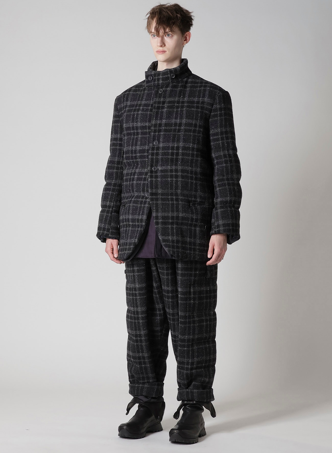 HORIZONTAL PADDED PLAID STAND JACKET