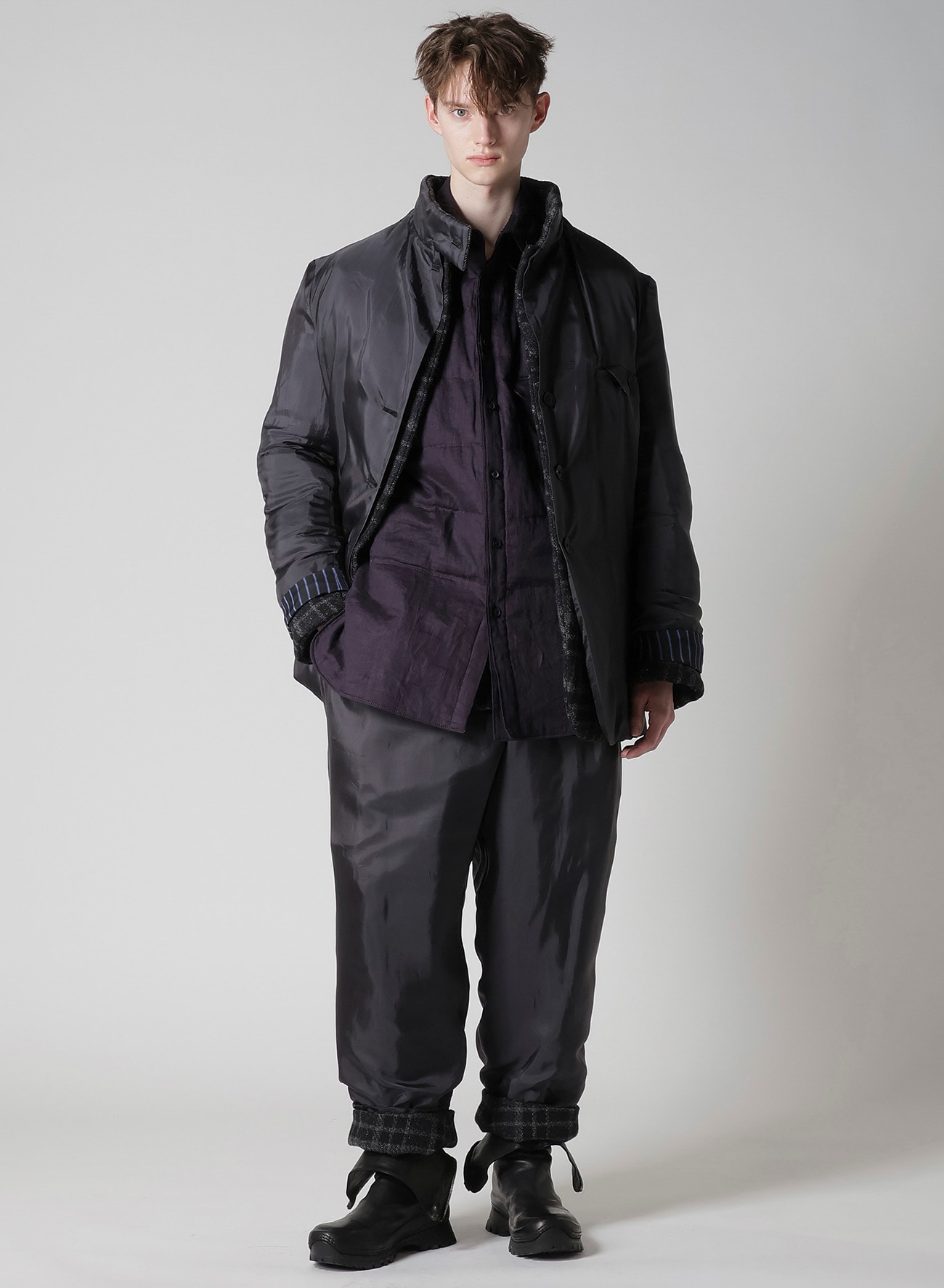 HORIZONTAL PADDED PLAID STAND JACKET