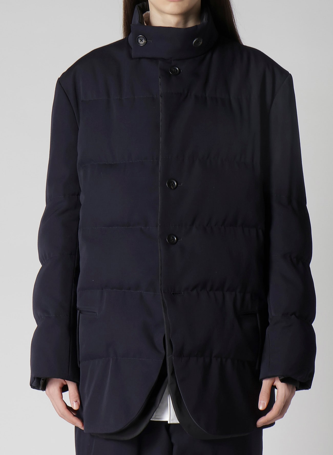 NAVY WOOL GABARDINE HORIZONTAL PADDED STAND JACKET