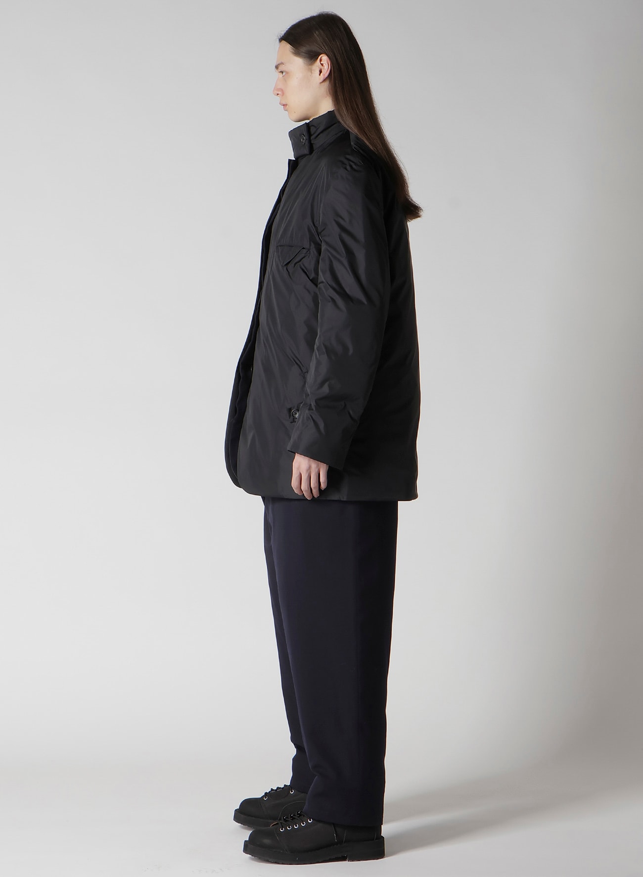 NAVY WOOL GABARDINE HORIZONTAL PADDED STAND JACKET