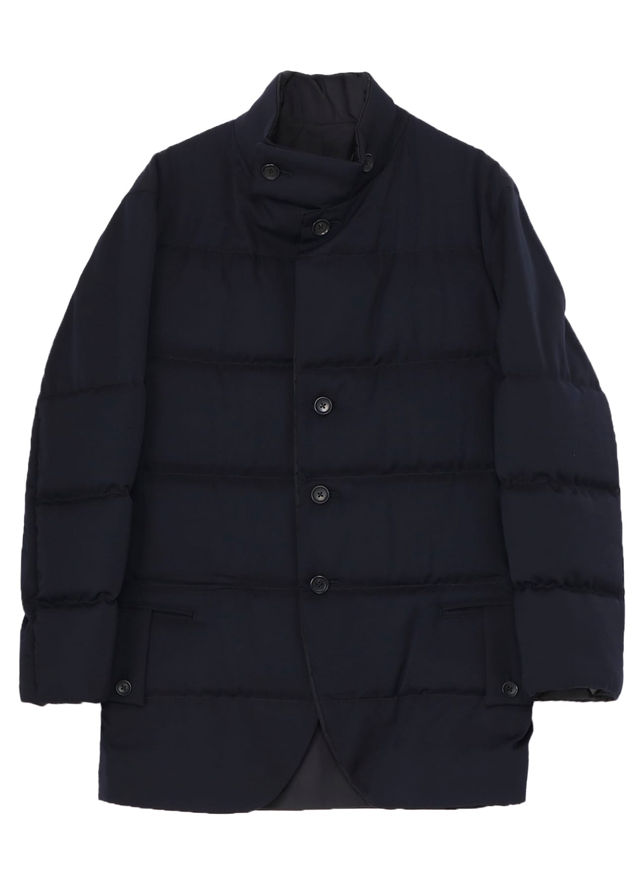 NAVY WOOL GABARDINE HORIZONTAL PADDED STAND JACKET