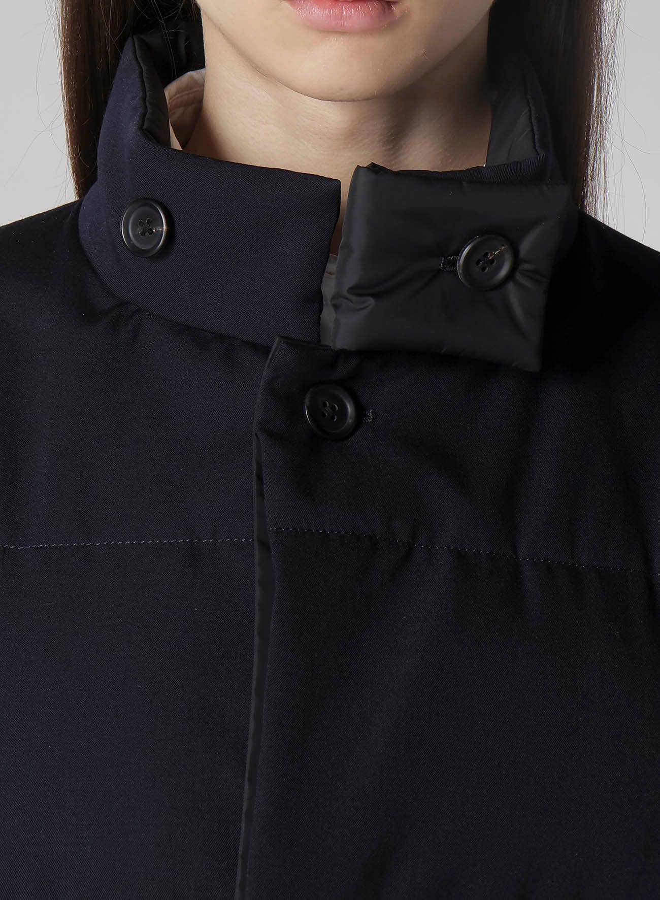 NAVY WOOL GABARDINE HORIZONTAL PADDED STAND JACKET