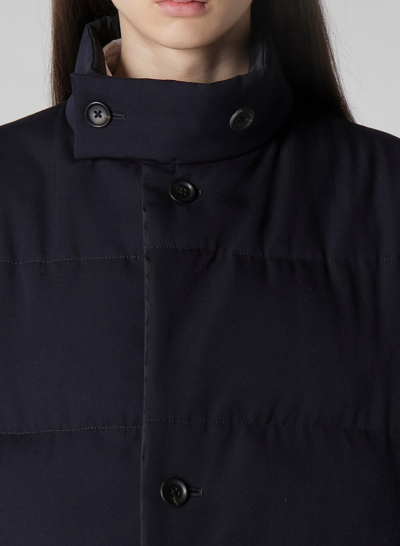 NAVY WOOL GABARDINE HORIZONTAL PADDED STAND JACKET