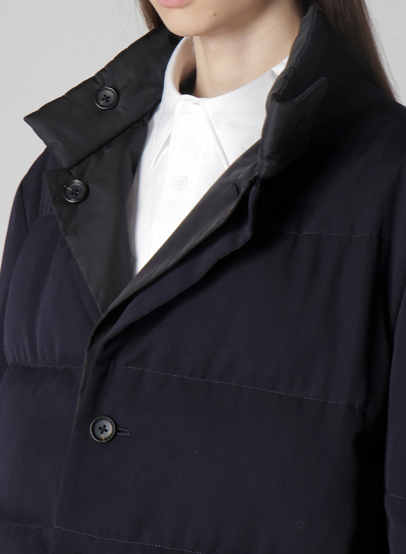 NAVY WOOL GABARDINE HORIZONTAL PADDED STAND JACKET