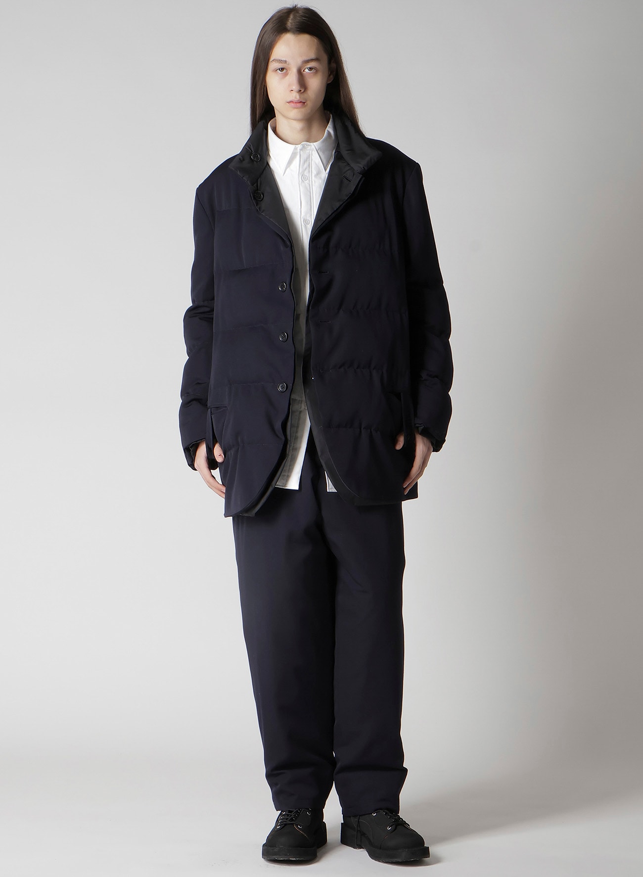 NAVY WOOL GABARDINE HORIZONTAL PADDED STAND JACKET