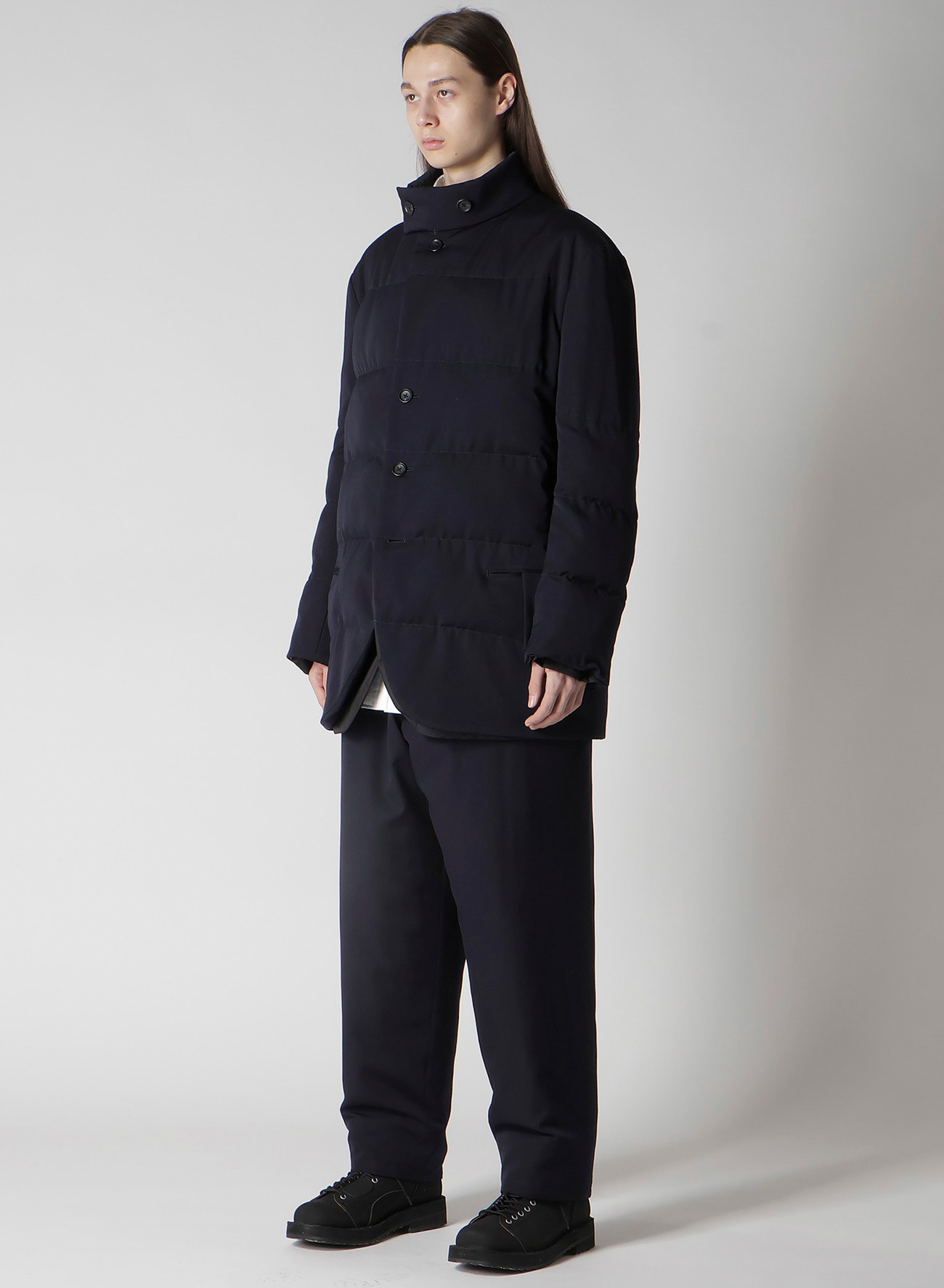 NAVY WOOL GABARDINE HORIZONTAL PADDED STAND JACKET