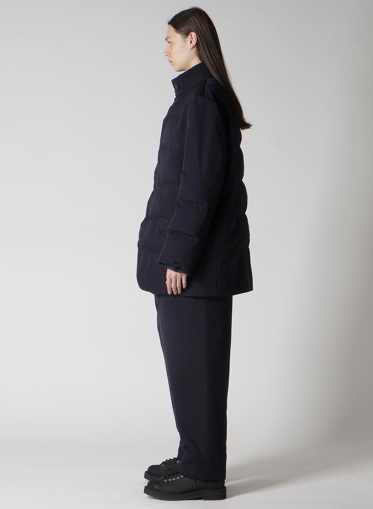 NAVY WOOL GABARDINE HORIZONTAL PADDED STAND JACKET