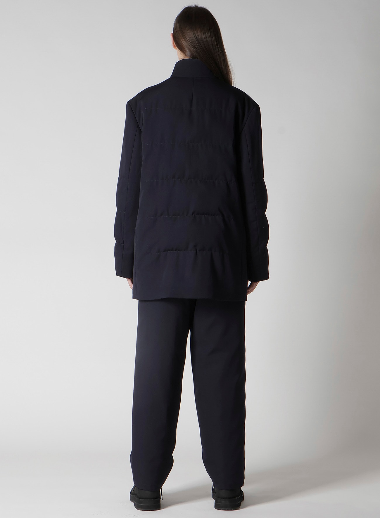 NAVY WOOL GABARDINE HORIZONTAL PADDED STAND JACKET
