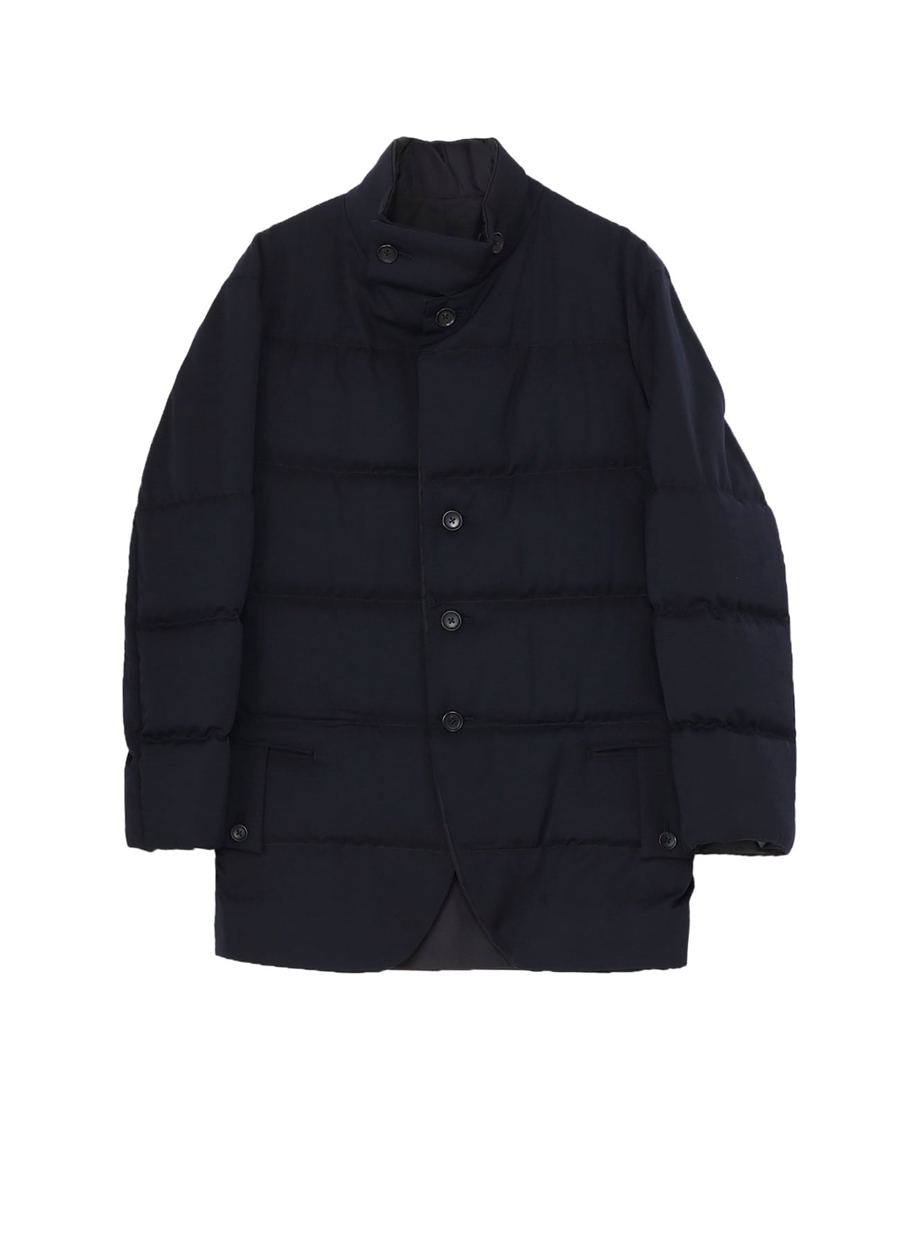 NAVY WOOL GABARDINE HORIZONTAL PADDED STAND JACKET