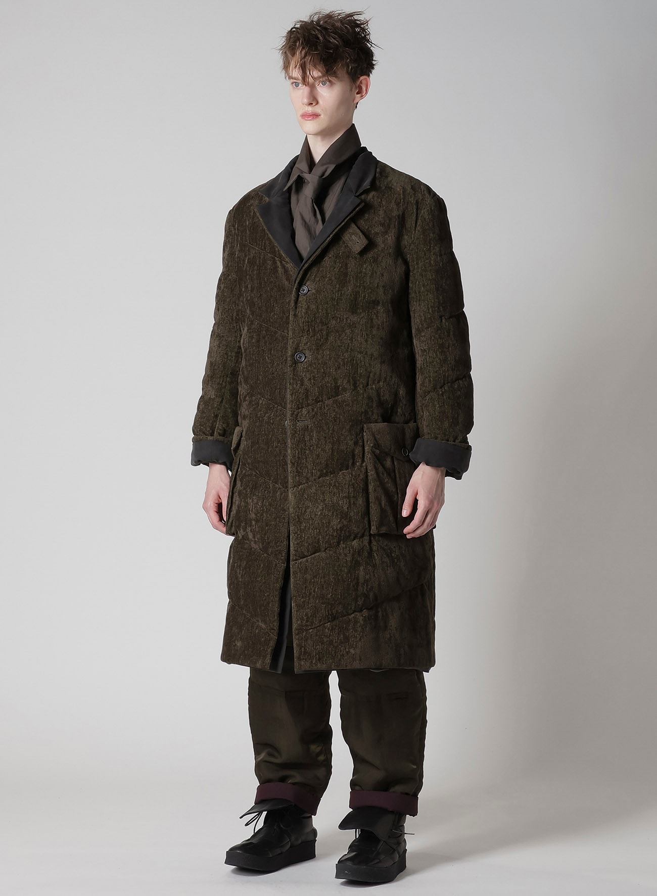 ジャケット・アウター Y's - herringbone half coat LINEN VELVET 3 BUTTONS DIAGONAL PADDED LONG JACKET(M Khaki
