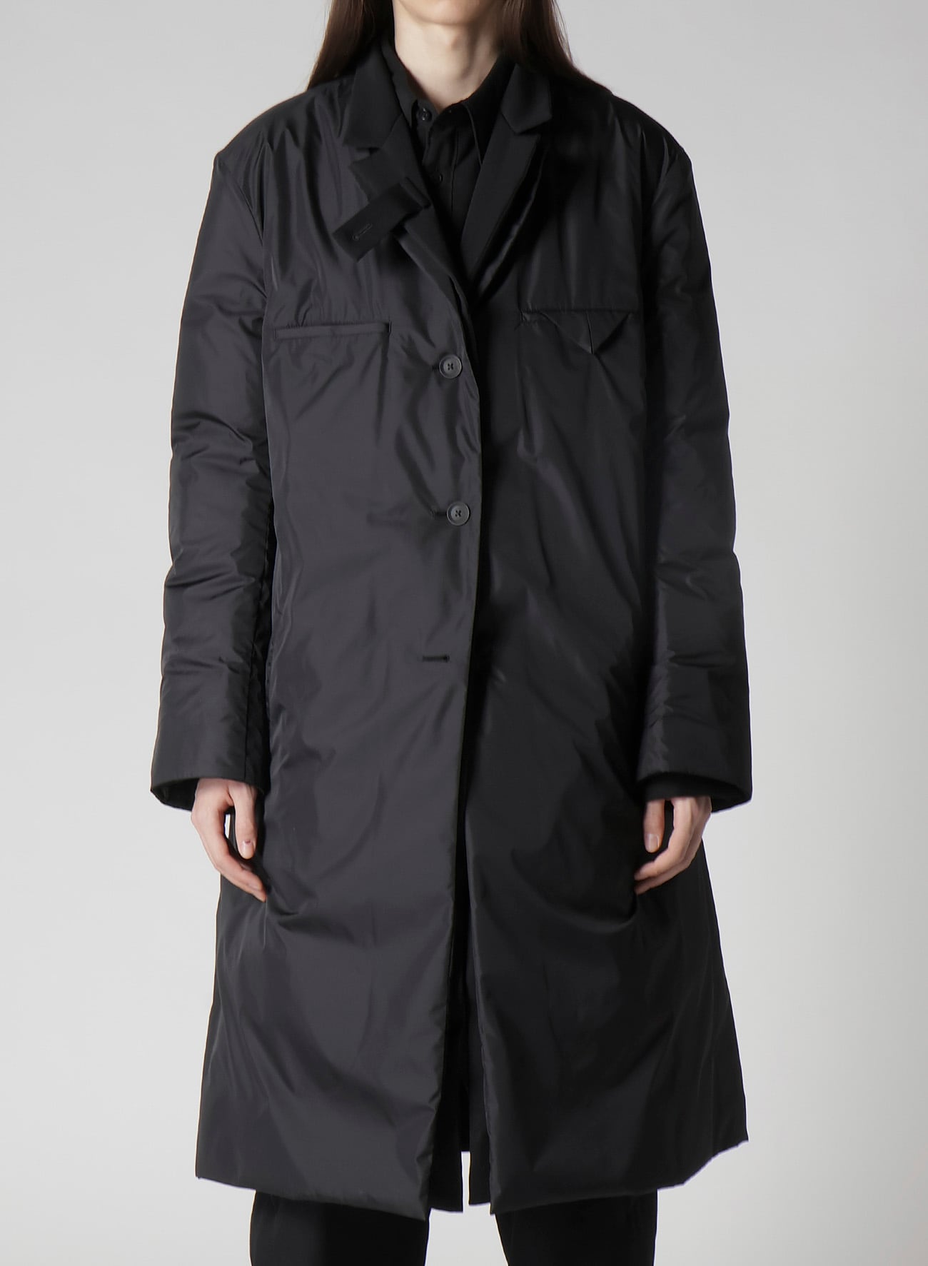 WOOL GABARDINE 3BUTTONS DIAGONAL PADDED LONG JACKET