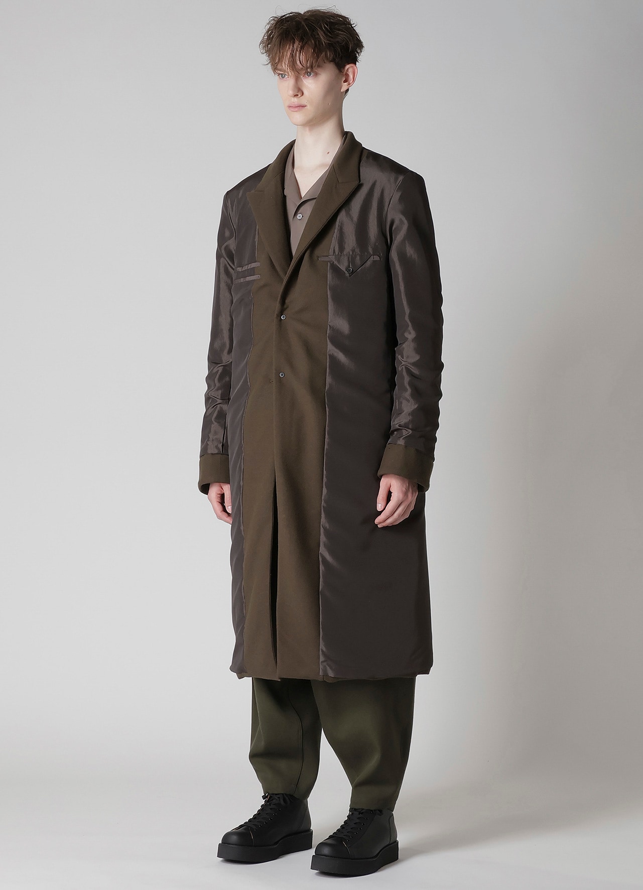 FLANNEL KHAKI 2BUTTONS PADDED LONG JACKET