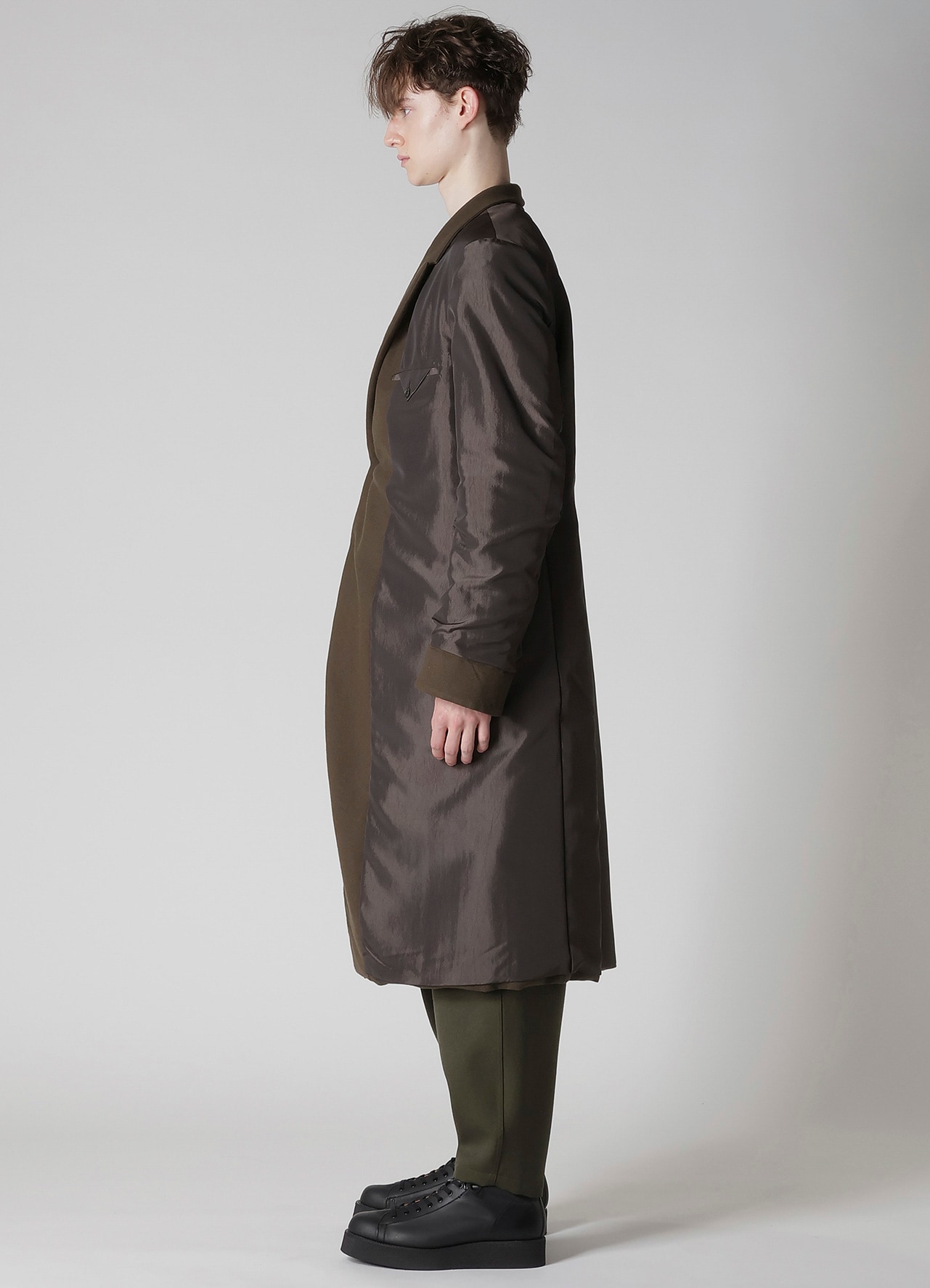 FLANNEL KHAKI 2BUTTONS PADDED LONG JACKET