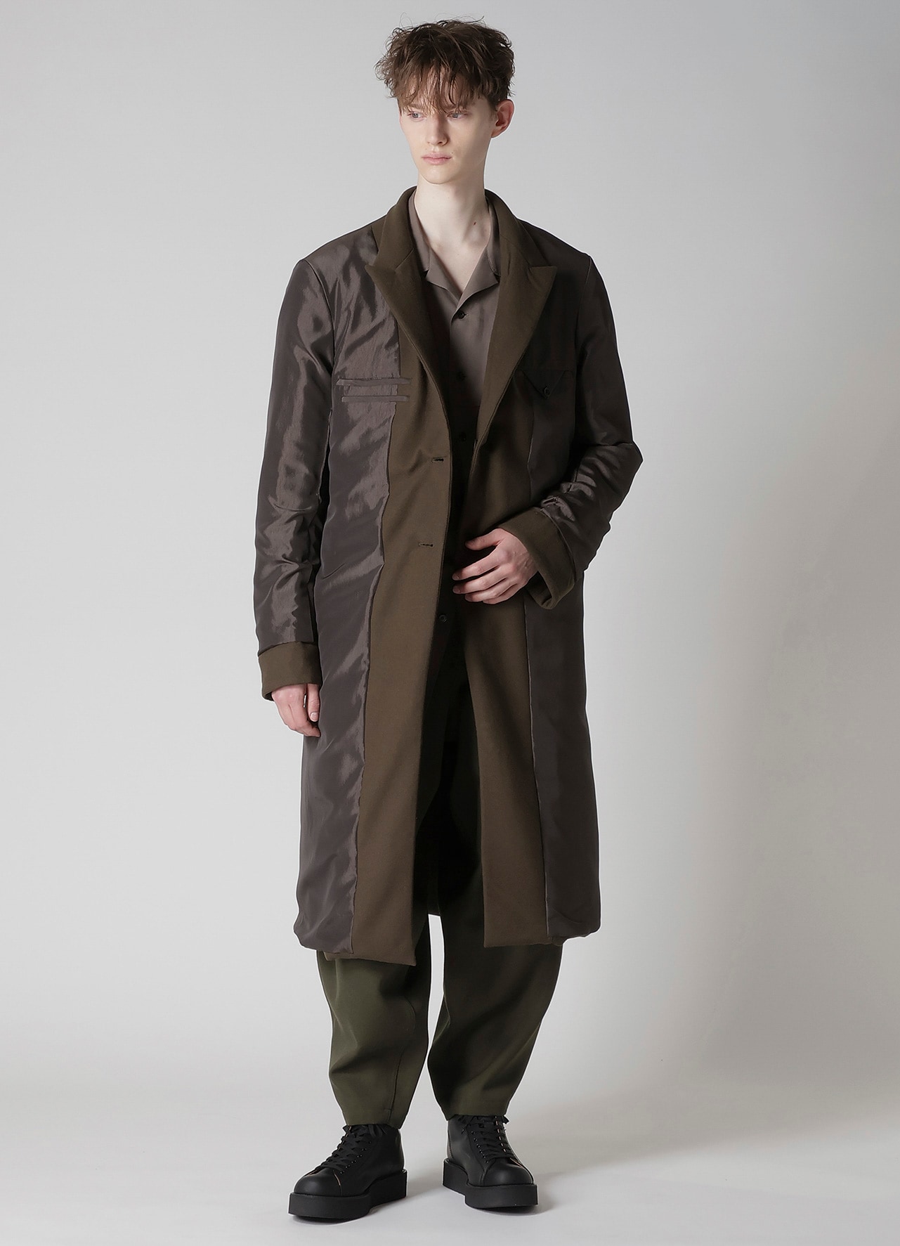 FLANNEL KHAKI 2BUTTONS PADDED LONG JACKET