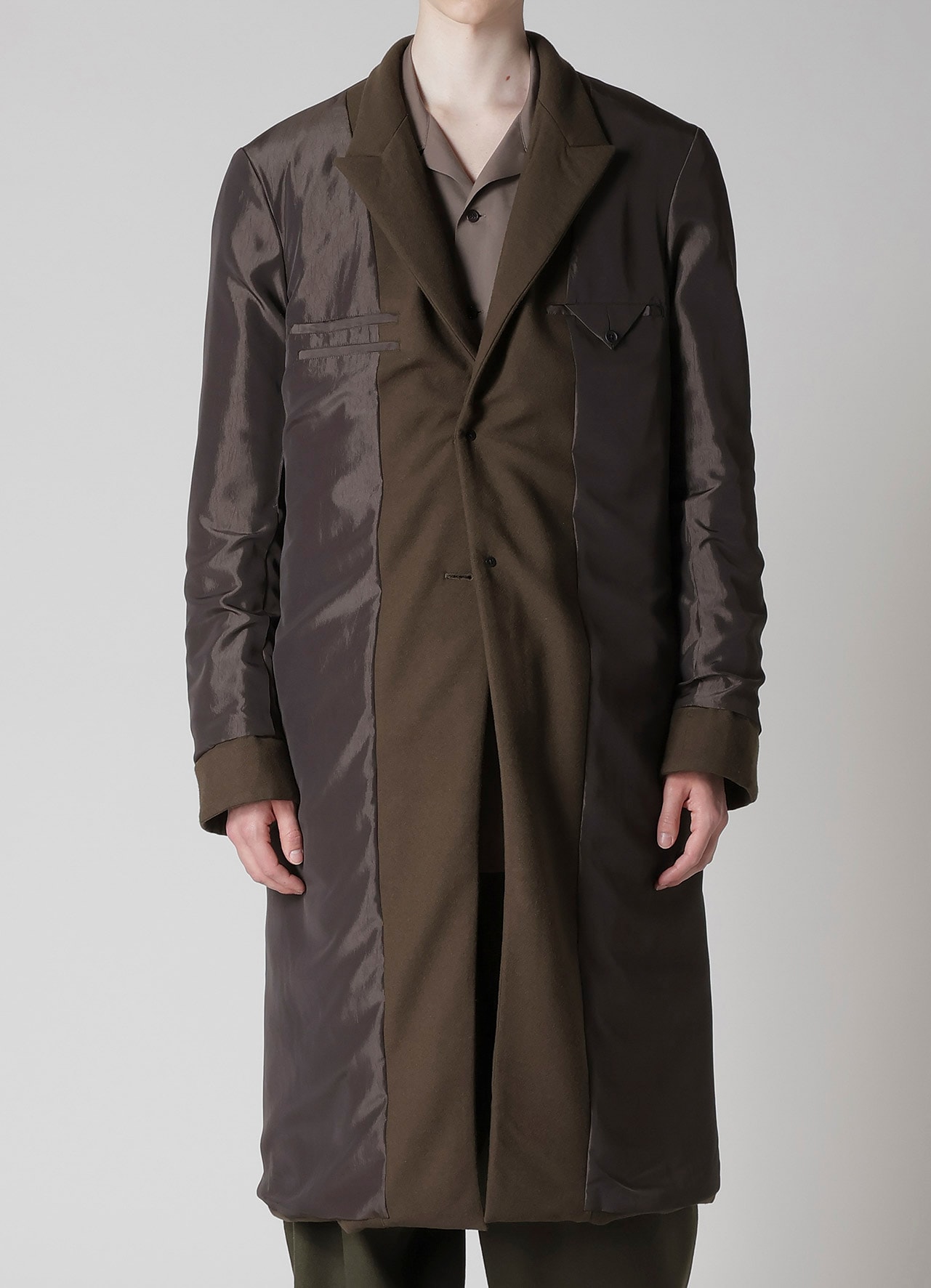 FLANNEL KHAKI 2BUTTONS PADDED LONG JACKET