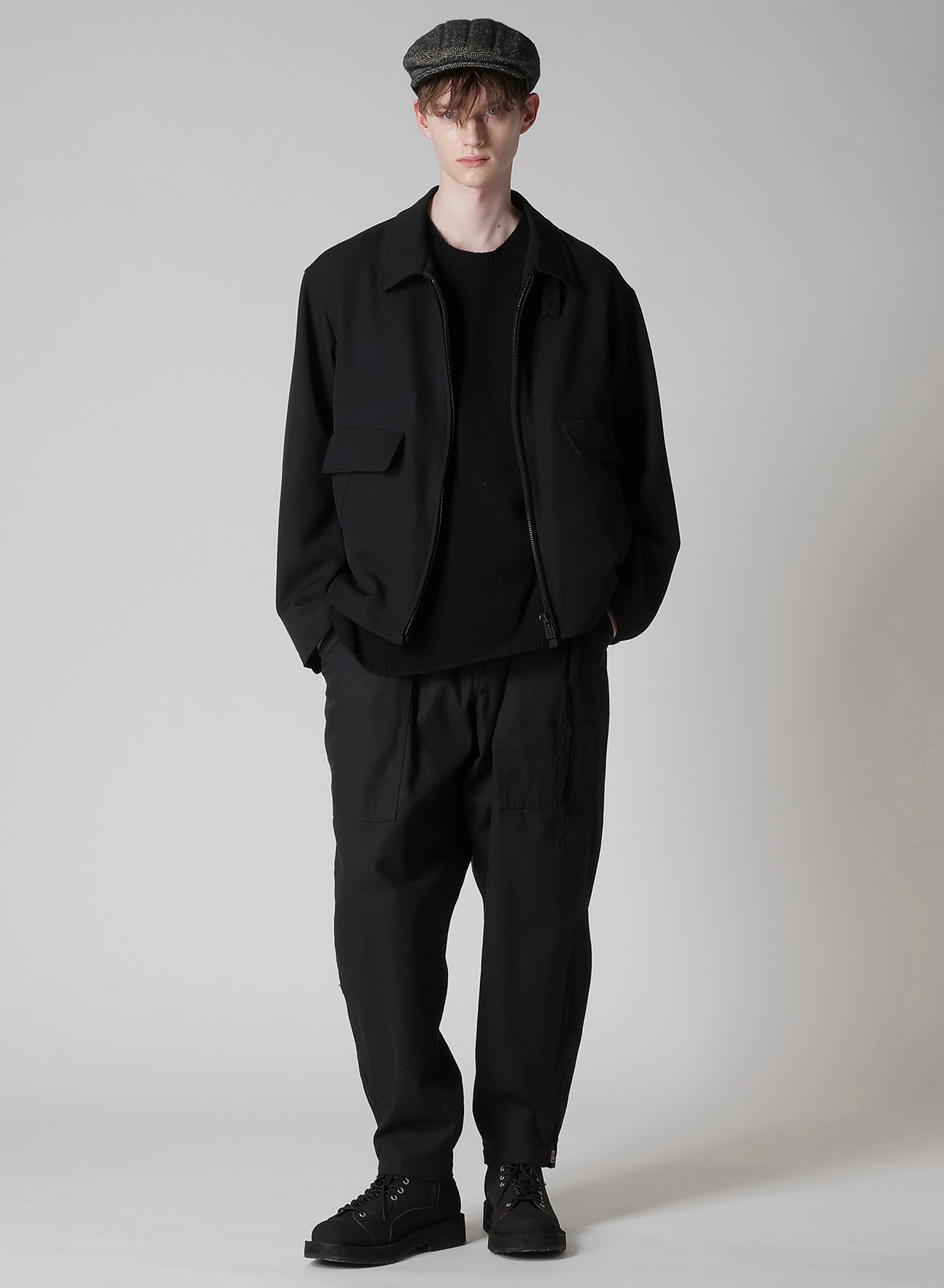 BLACK SCANDAL HERRINGBONE HEM ZIP PAINTER PANTS