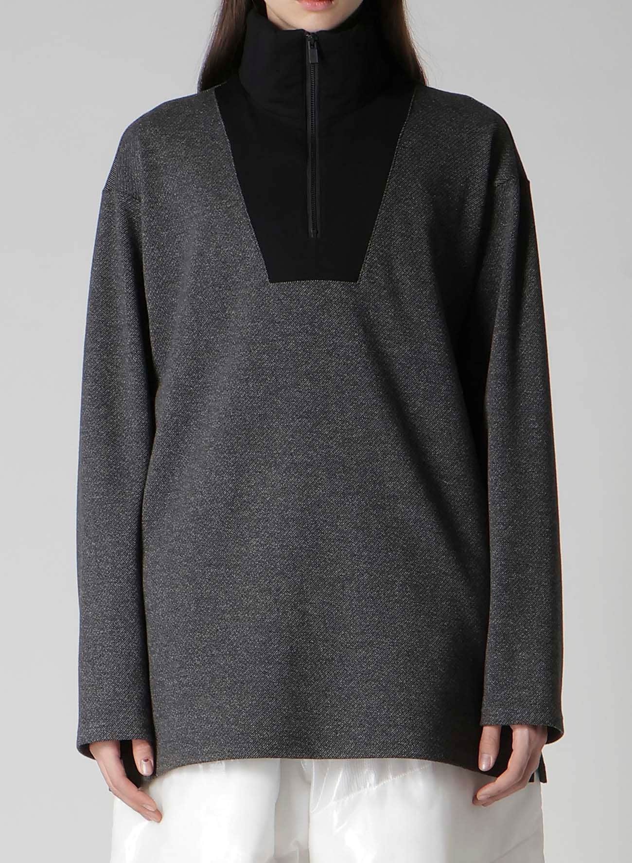 C/W TWILL JERSEY PADDED COLLAR HALF ZIP LONG BLOUSE