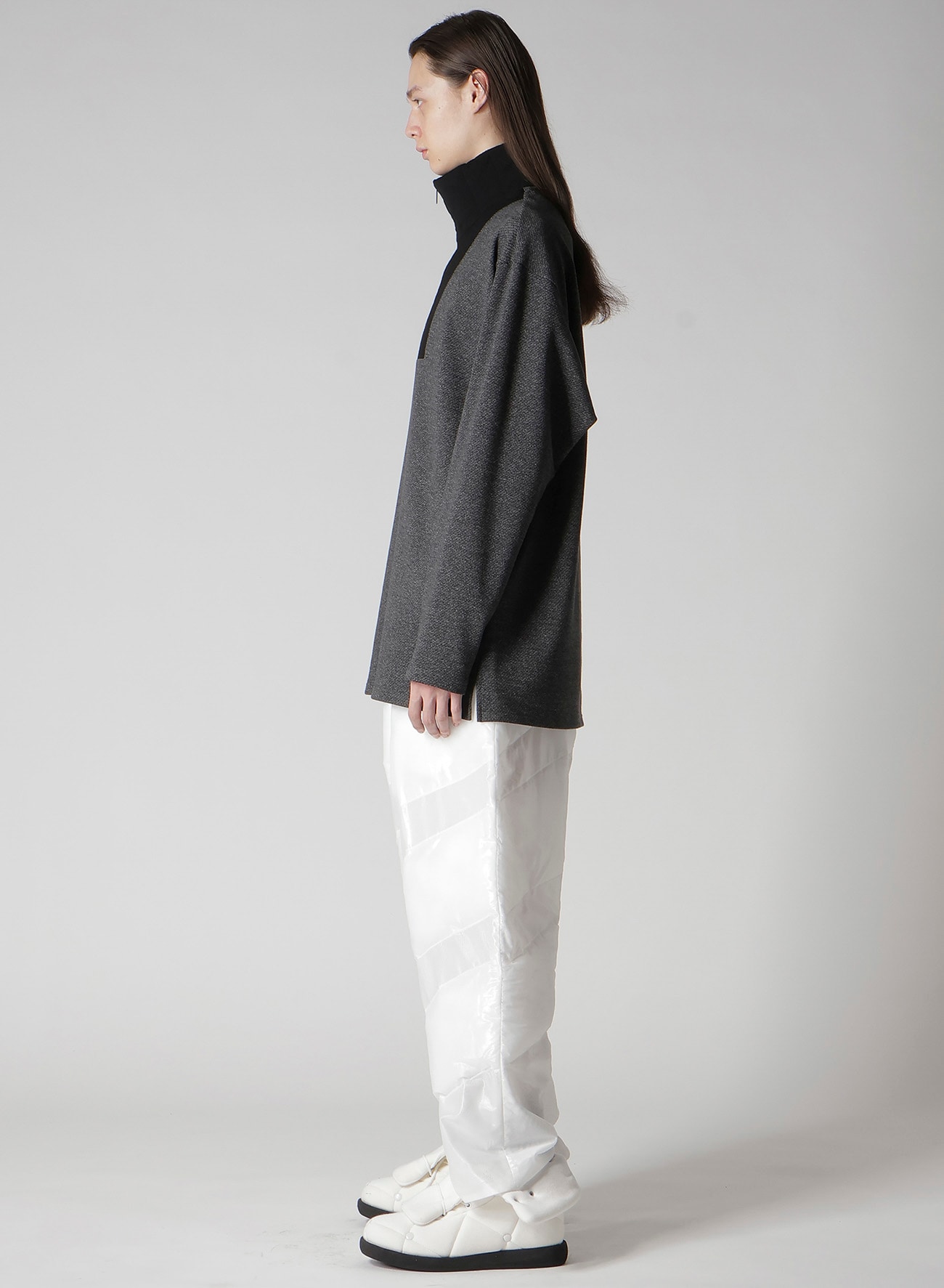 C/W TWILL JERSEY PADDED COLLAR HALF ZIP LONG BLOUSE