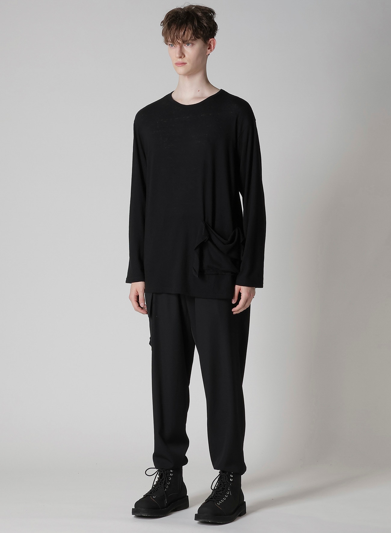 COTTON SILK NOIR GAUZE JERSEY POCKET DETAIL LONG SLV T