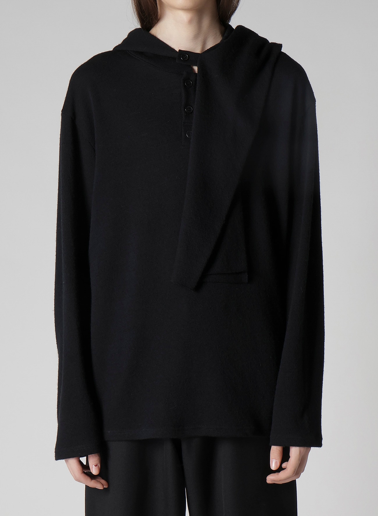 WOOL HOUNDSTOOTH JACQUARD HENLEY NECK HOOD T