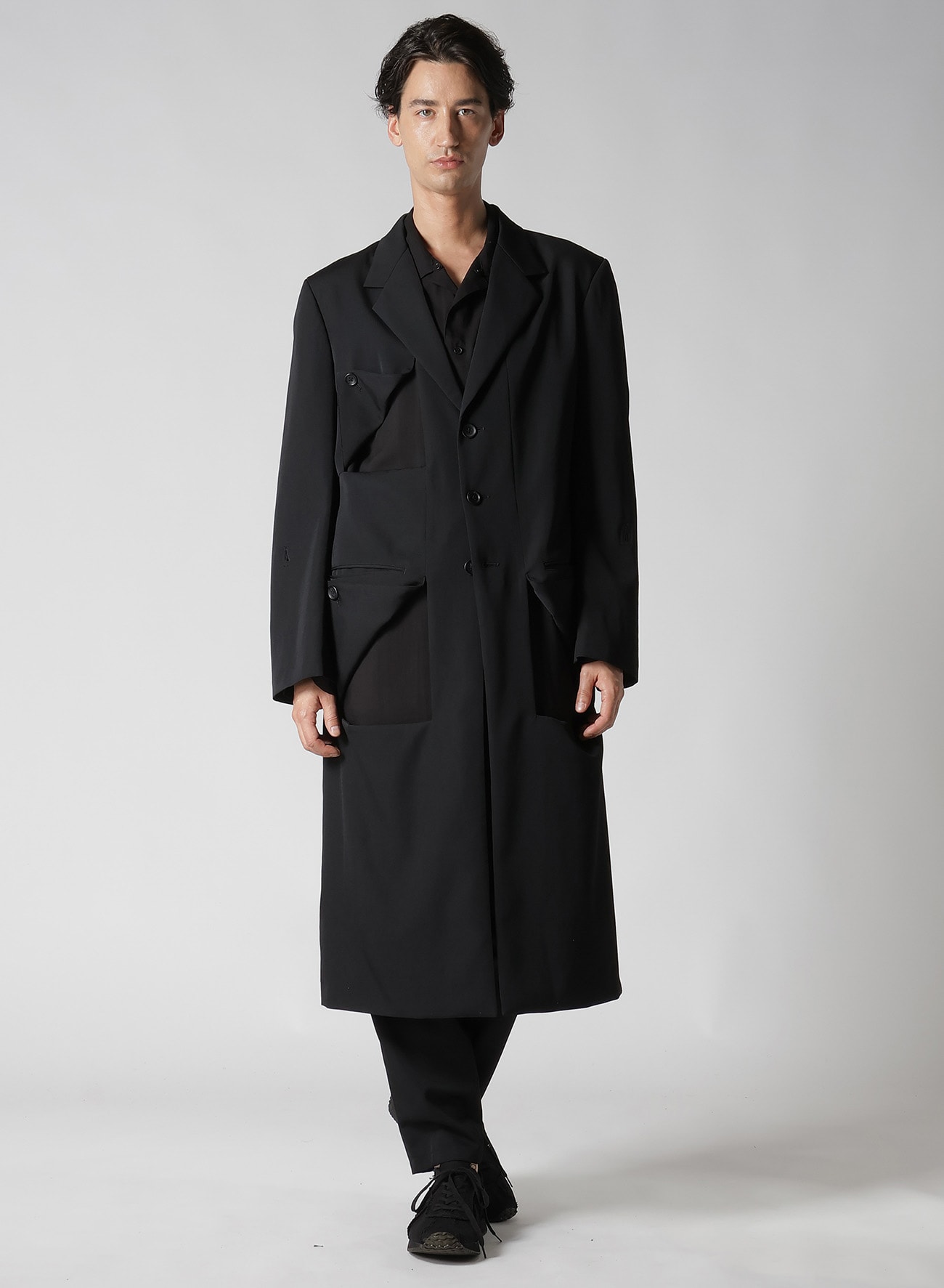 WOOL GABARDINE DIAGONAL BUTTON LONG JACKET