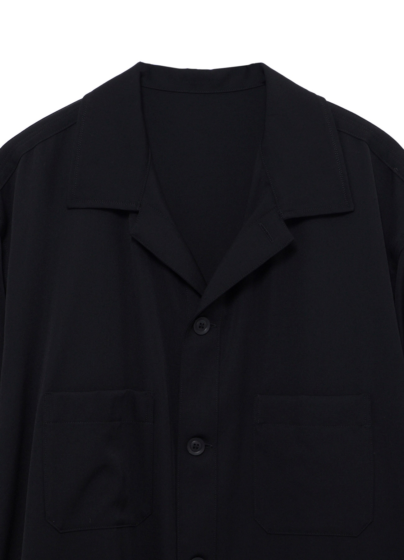 WOOL GABARDINE OPEN COLLAR FRONT SHOULDER BLOUSE