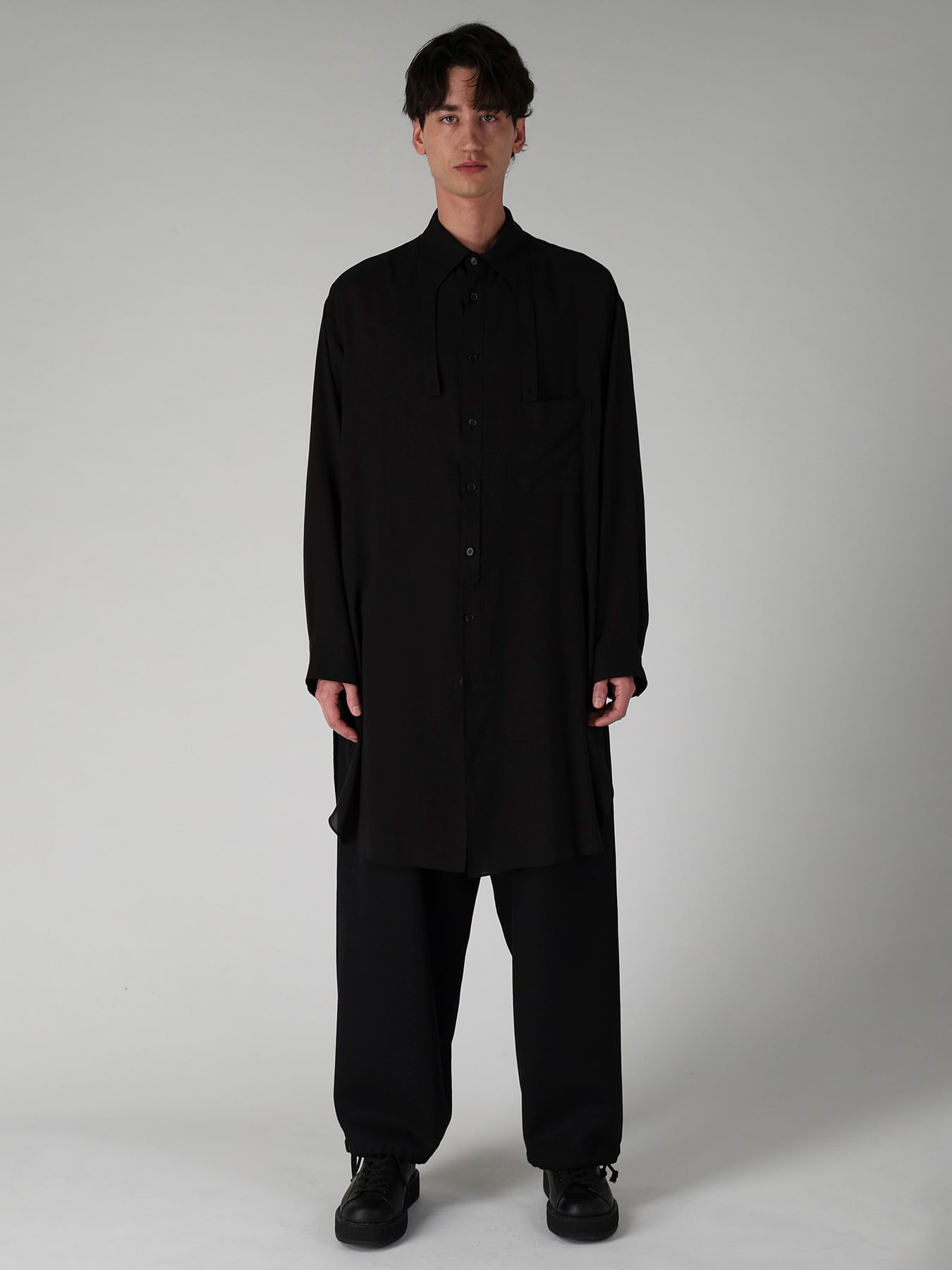 CELLULOSE LAWN COLLAR TAB LONG BLOUSE