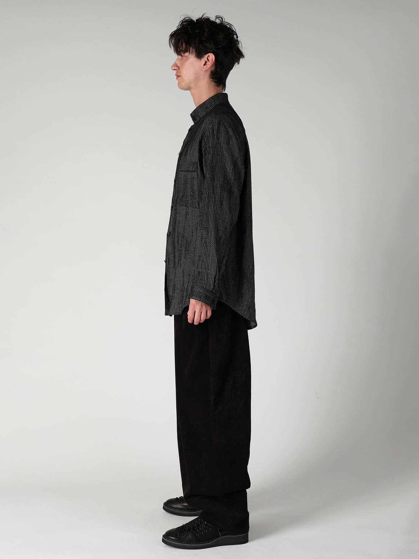 L R MELANGE ST STRIPE STAND COLLAR BLOUSE