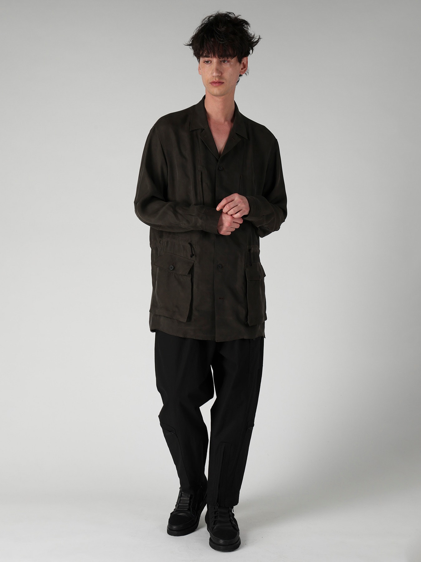 PIGMENT DYE TWILL OPEN COLLAR WAIST STRING BLOUSE