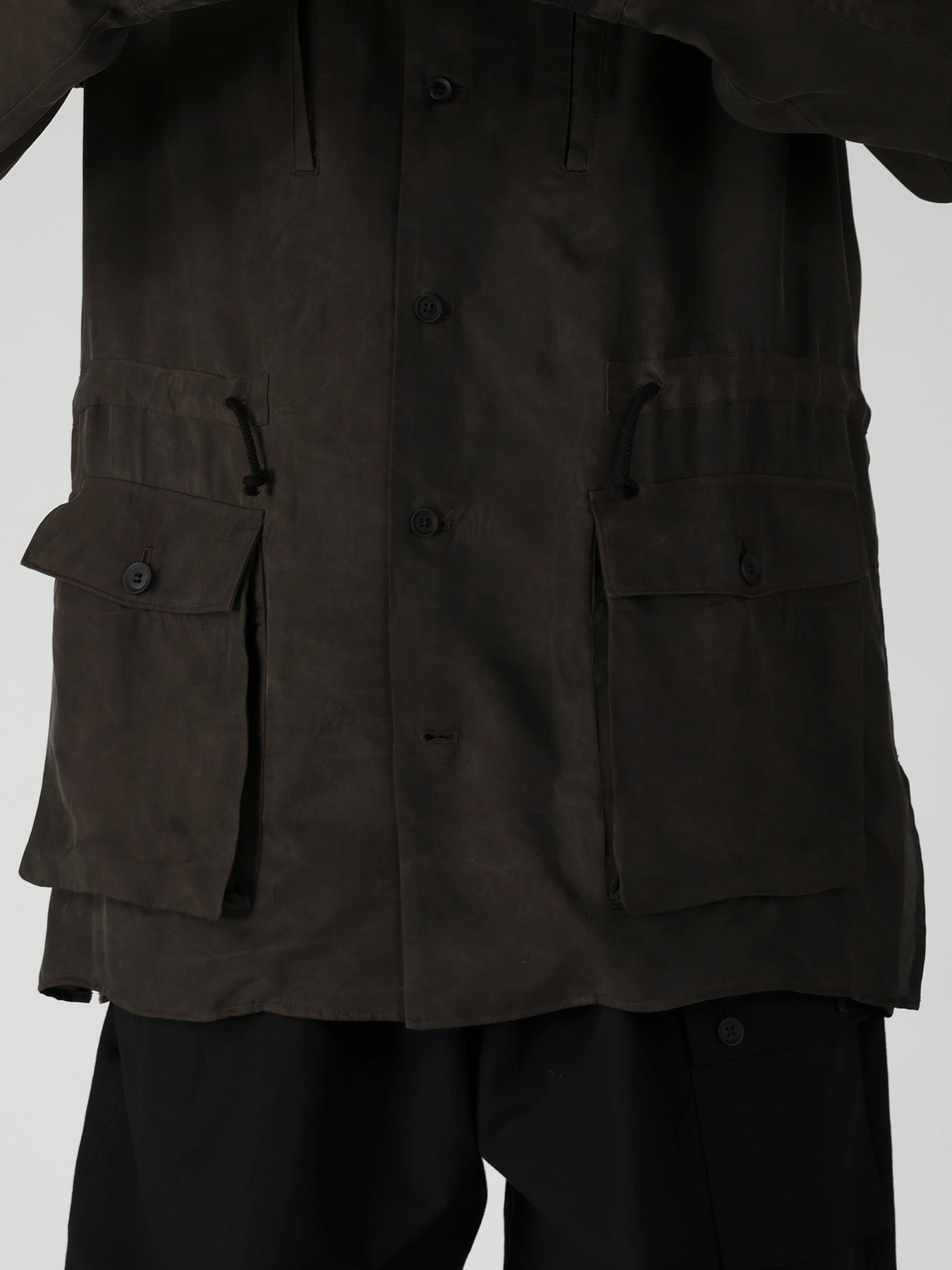 PIGMENT DYE TWILL OPEN COLLAR WAIST STRING BLOUSE