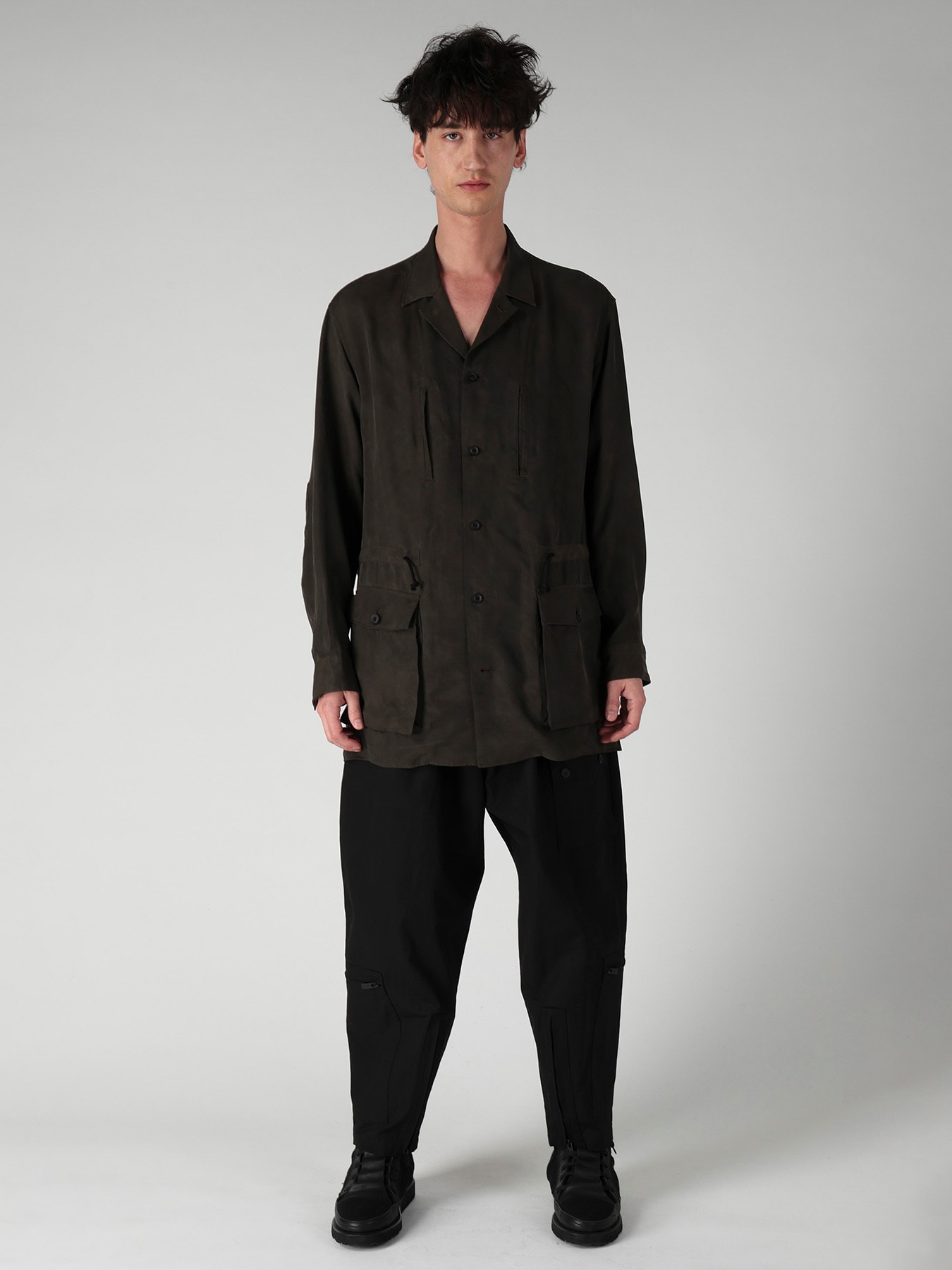 PIGMENT DYE TWILL OPEN COLLAR WAIST STRING BLOUSE