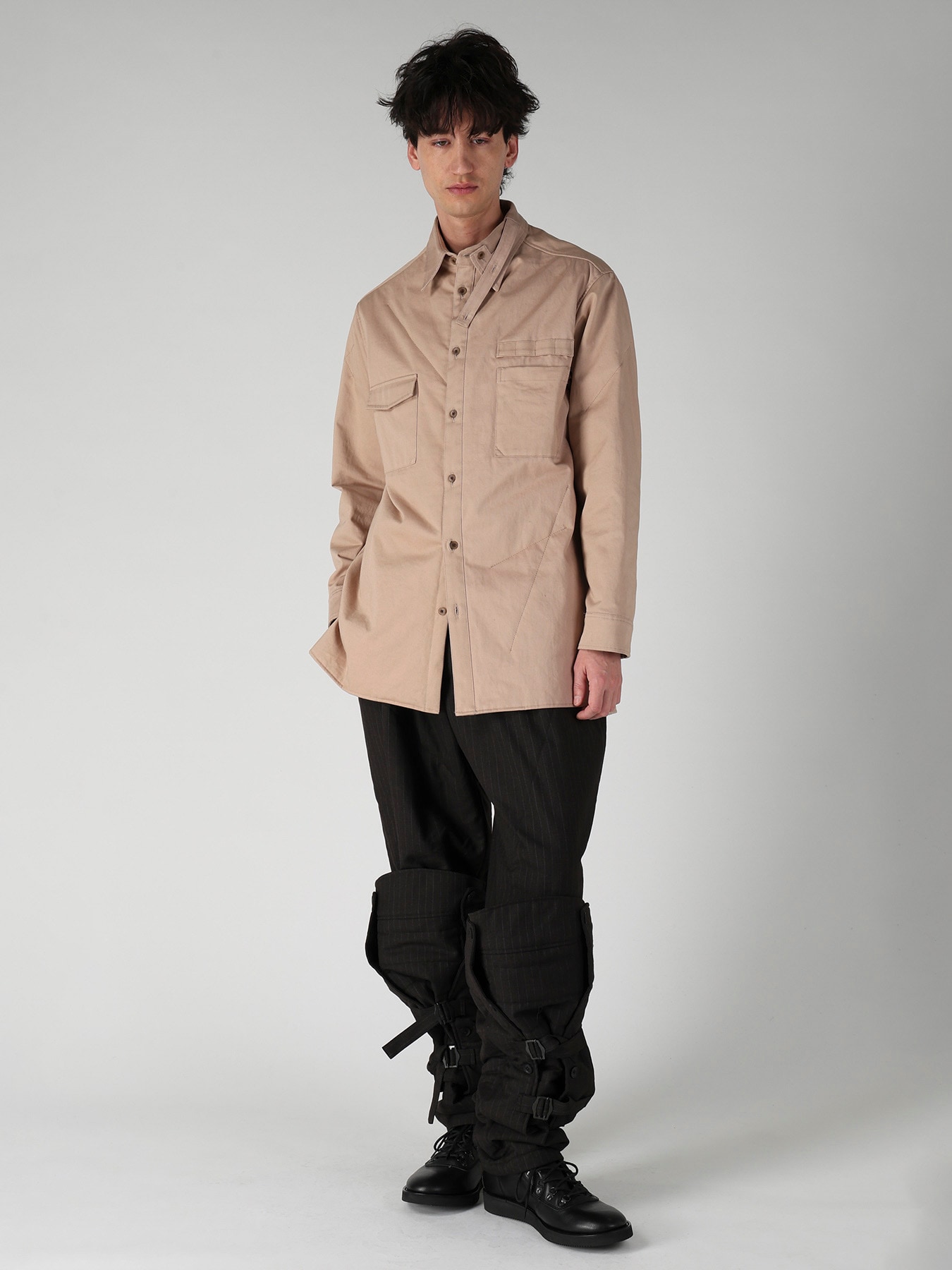 MILITARY BACK SATIN PADDED PANEL COLLAR BELT BLOUSE