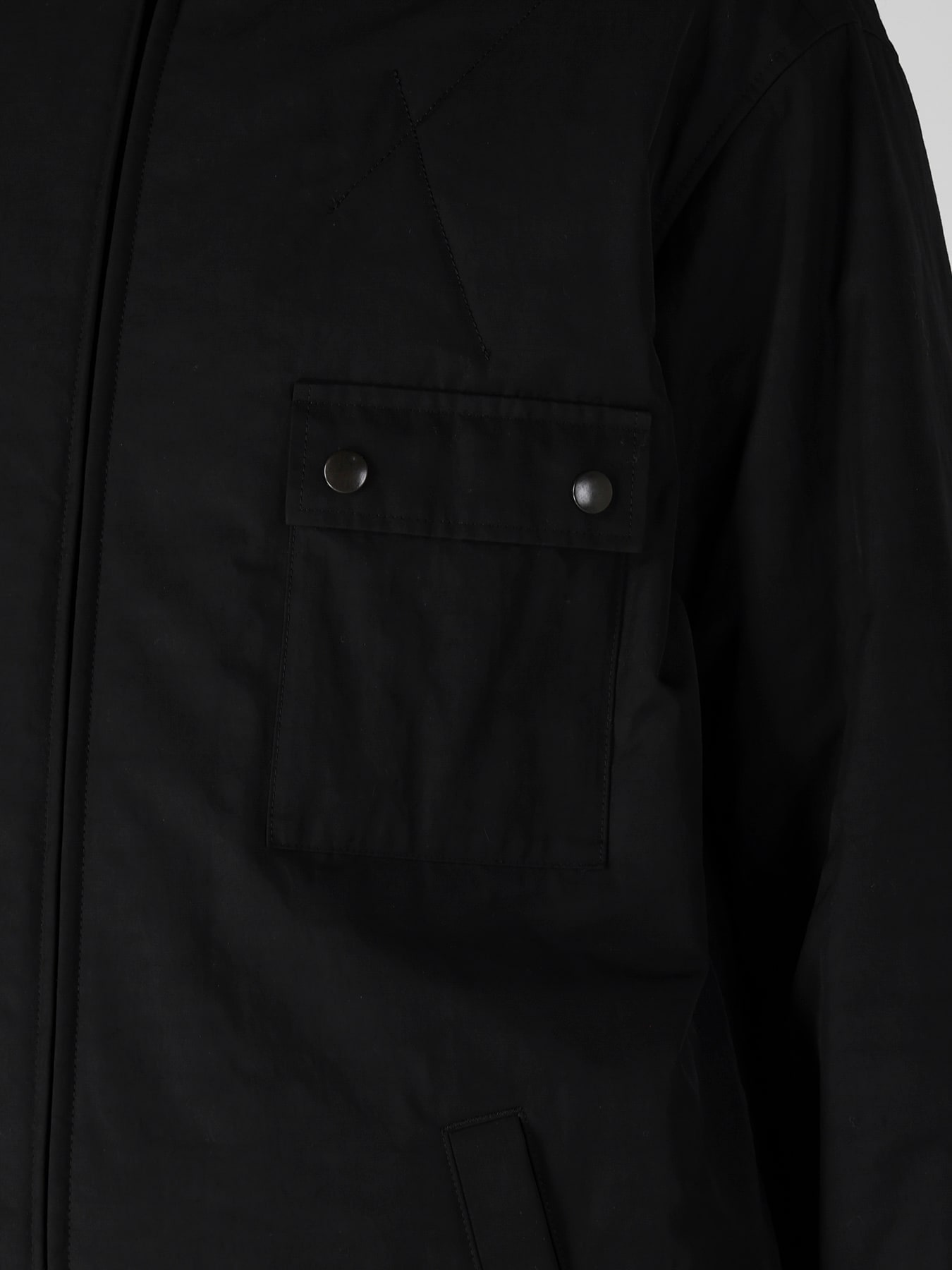 NY SPUN GABARDINE BLACK PADDED ZIP DOT BUTTON BLOUSE