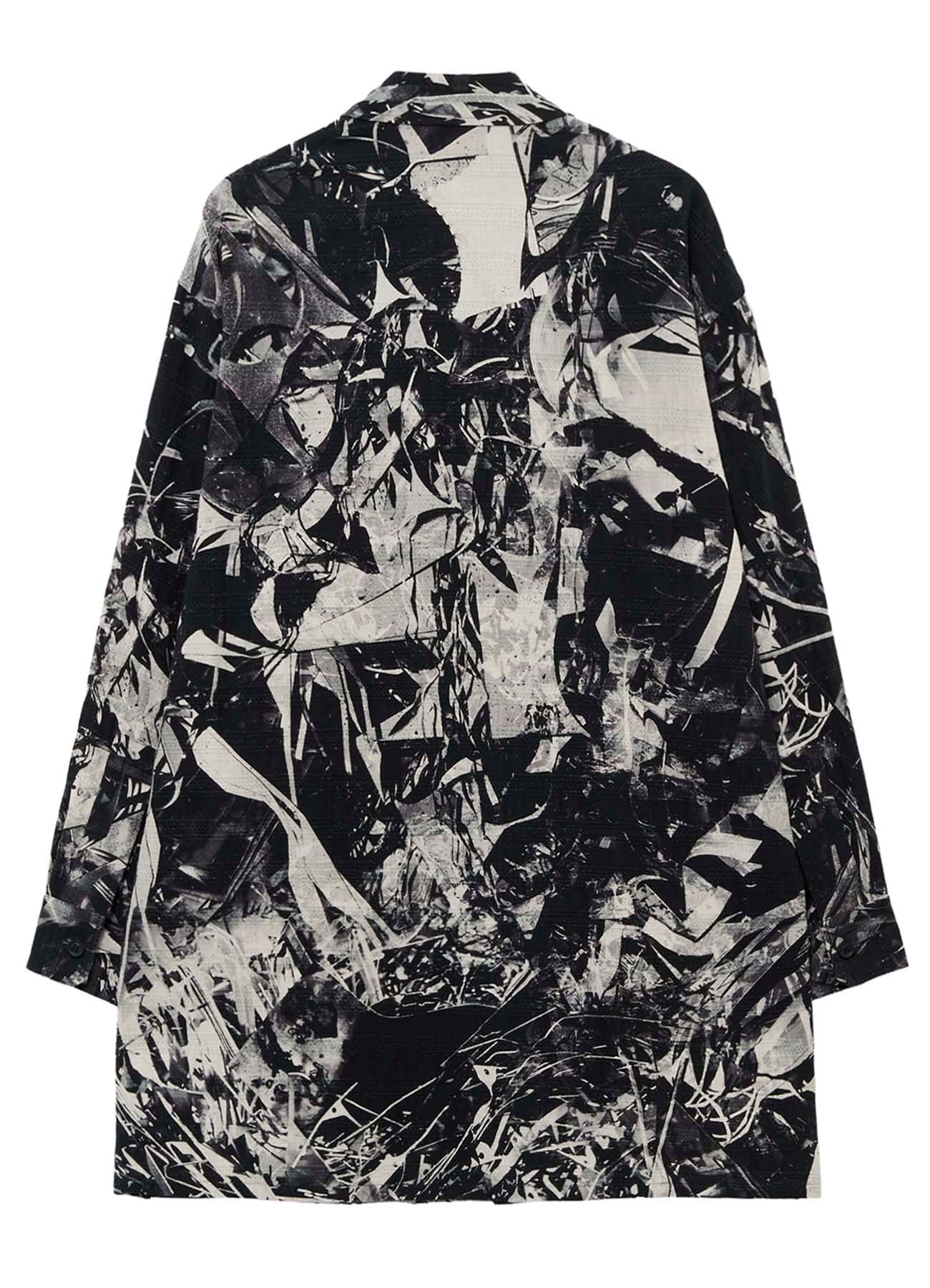 MONOCHROME SCRAP PATTERN PRINTED OPEN COLLAR BLOUSE