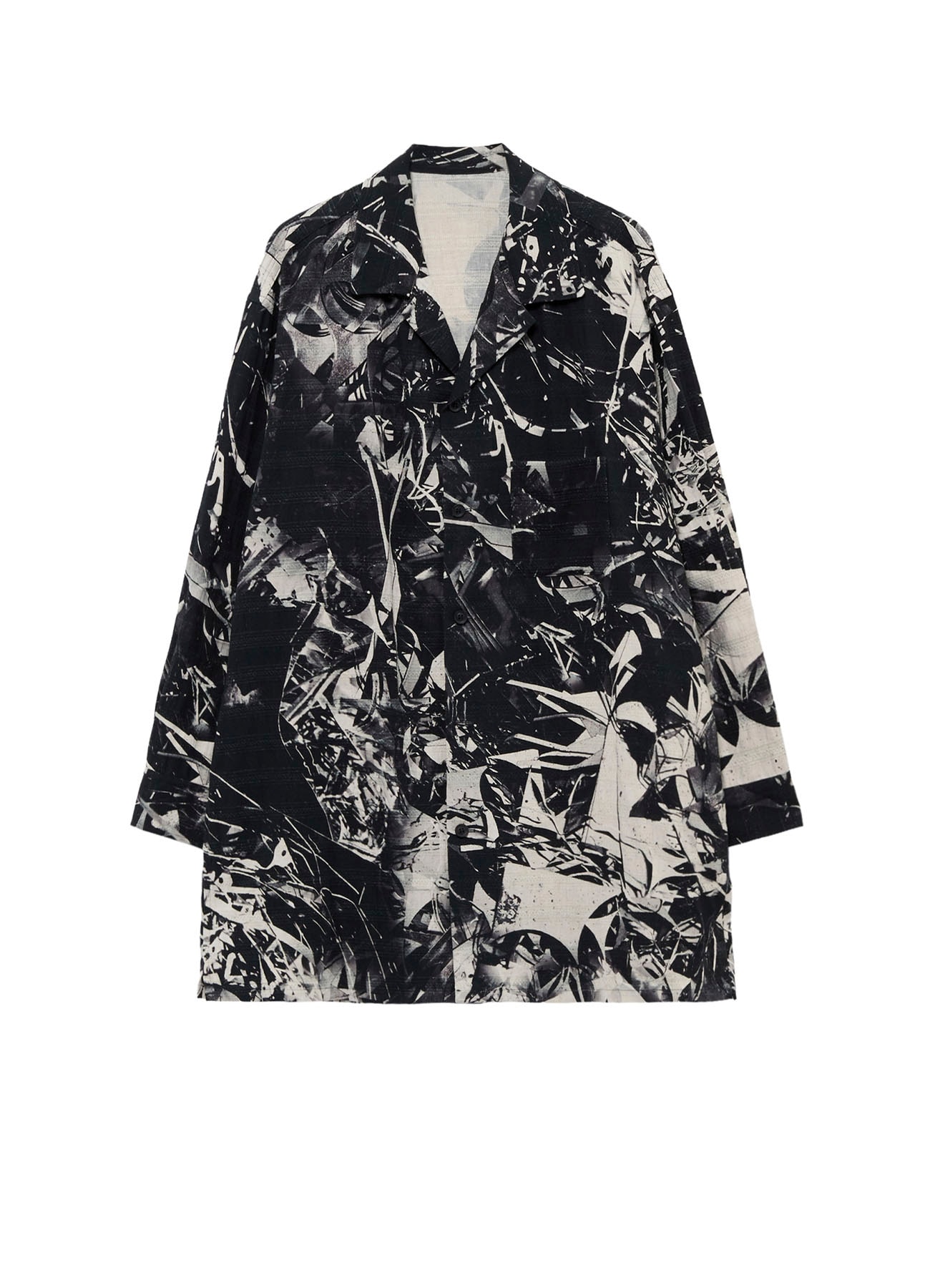 MONOCHROME SCRAP PATTERN PRINTED OPEN COLLAR BLOUSE