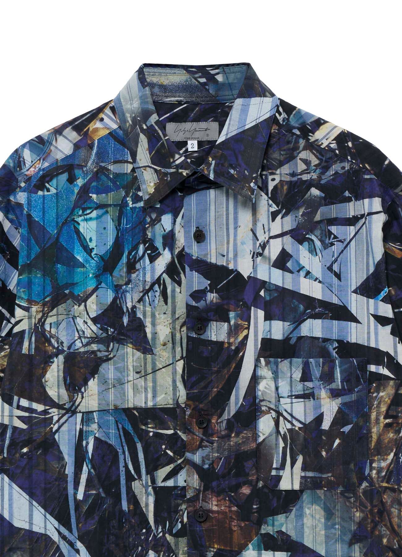 BLUE SCRAP PATTERN PRINTED SHORT SLEEVE BLOUSE
