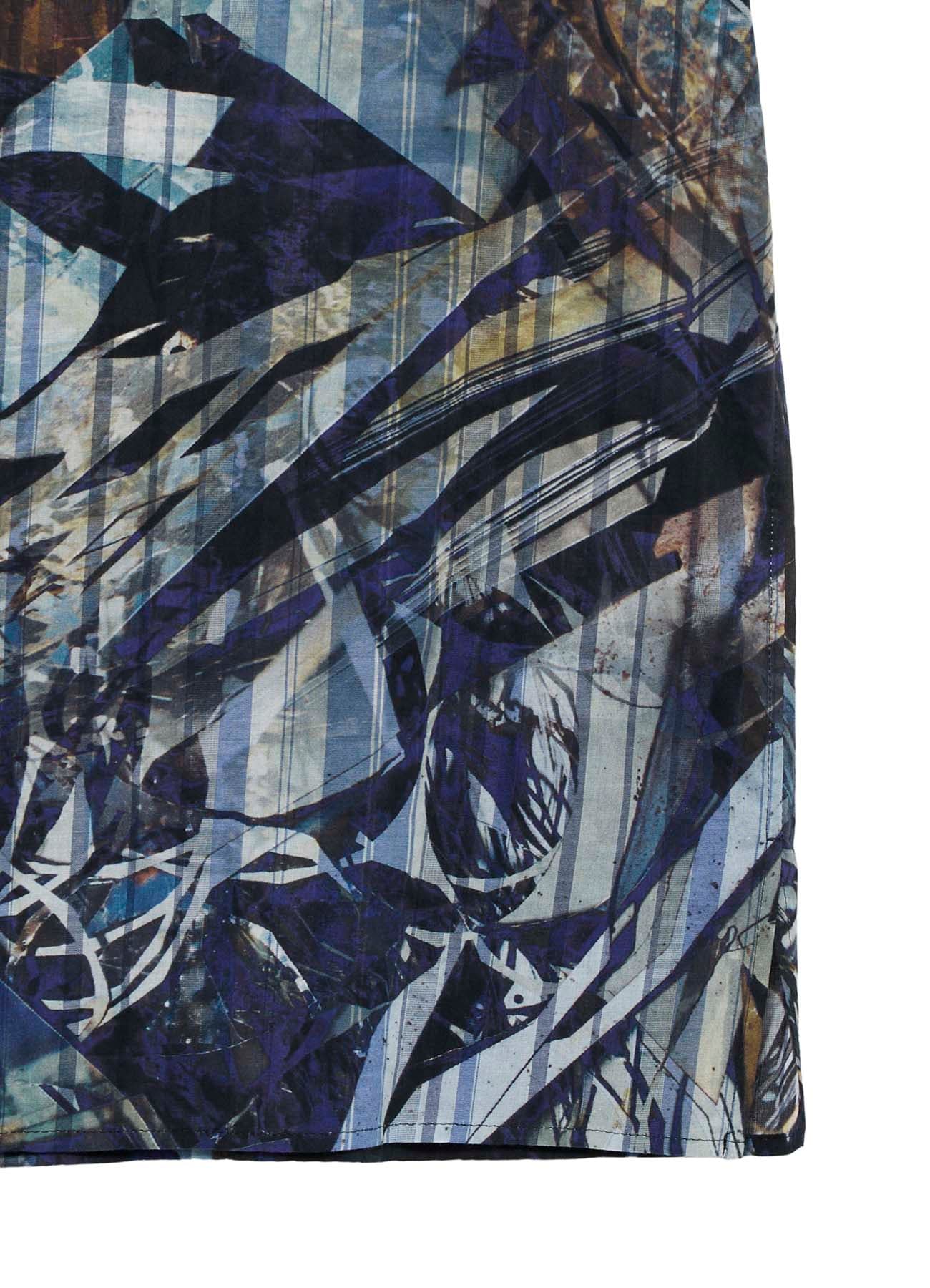 BLUE SCRAP PATTERN PRINTED SHORT SLEEVE BLOUSE