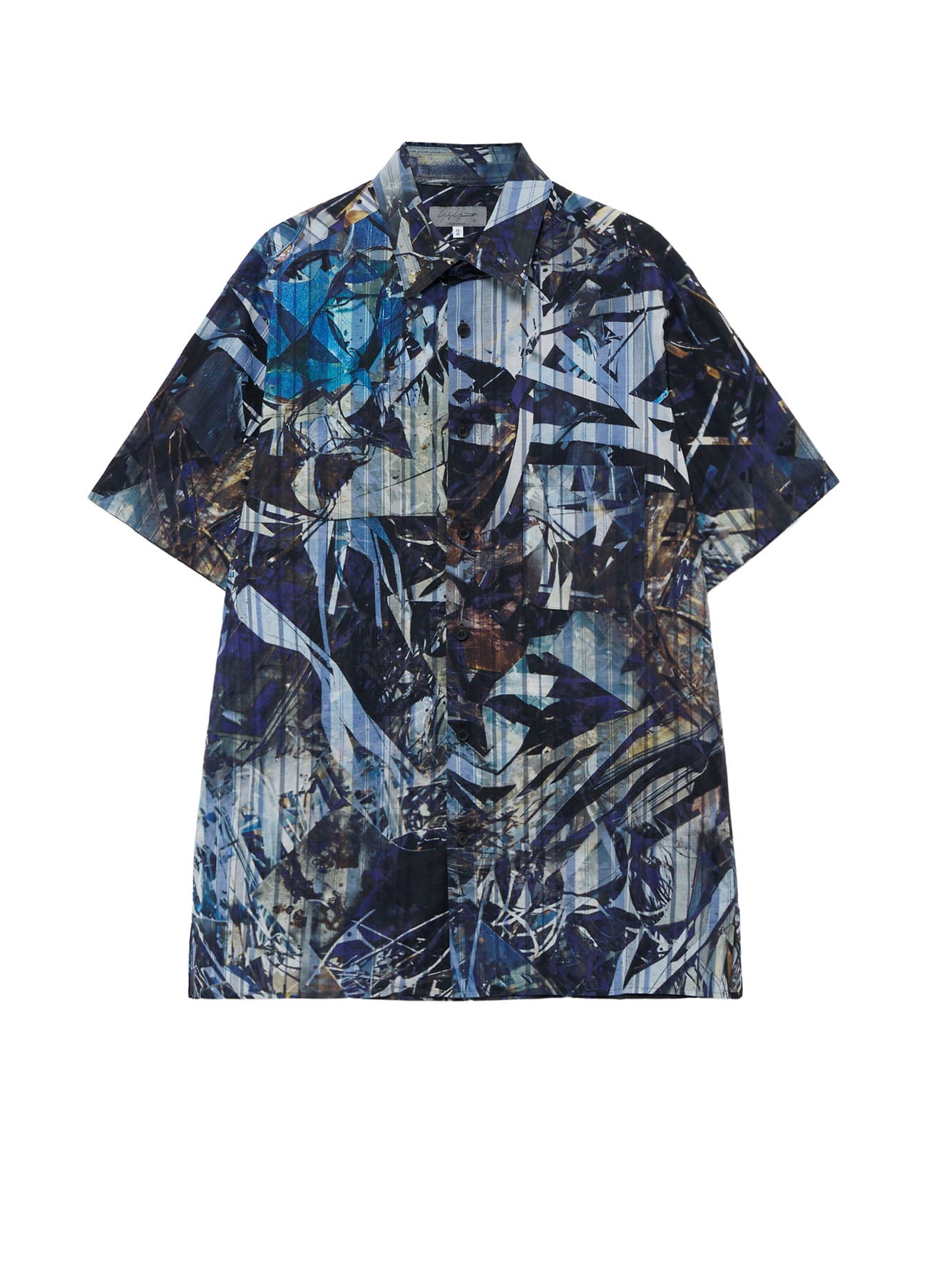 BLUE SCRAP PATTERN PRINTED SHORT SLEEVE BLOUSE