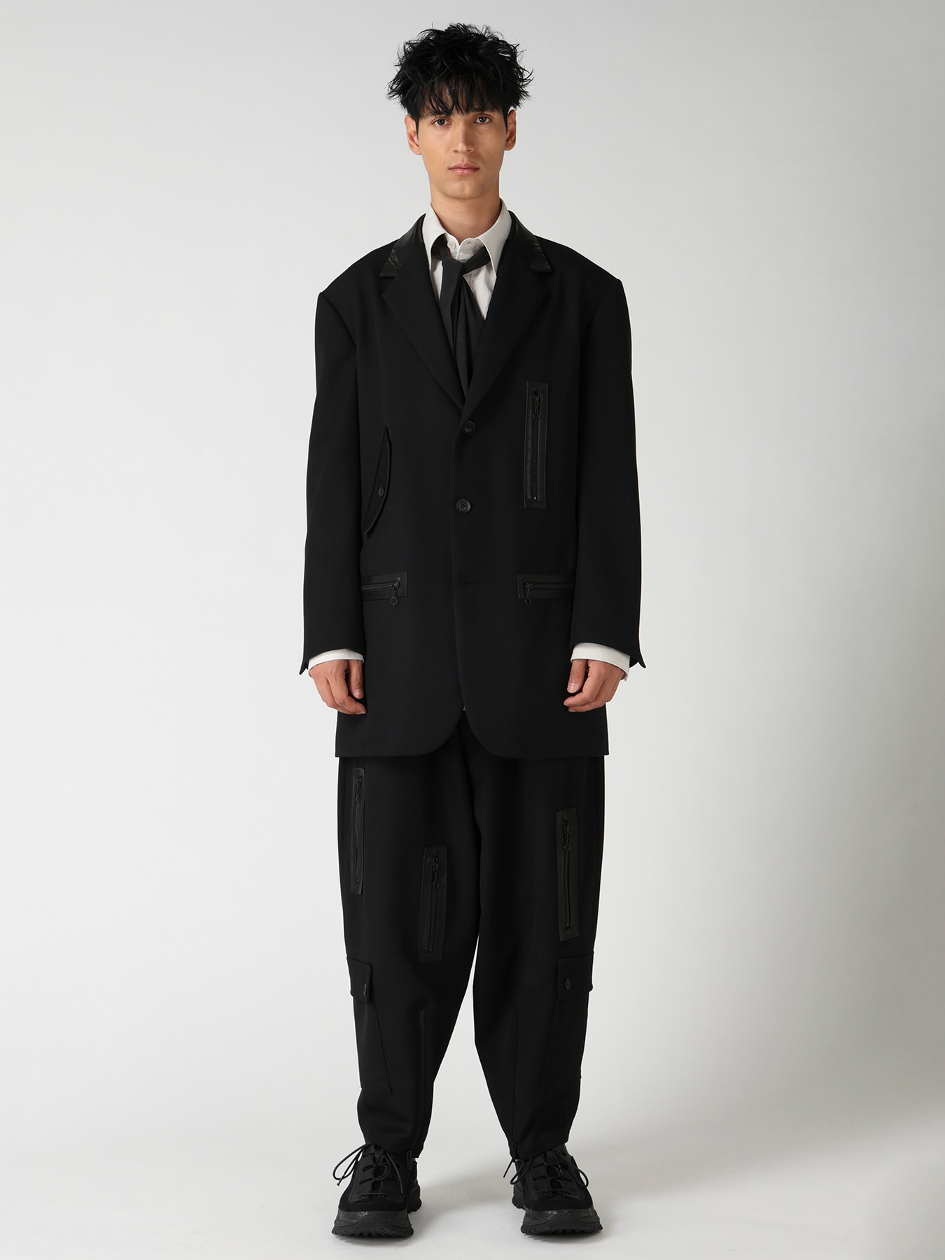 LEATHER ARMY GABARDINE PANEL ZIP JACKET