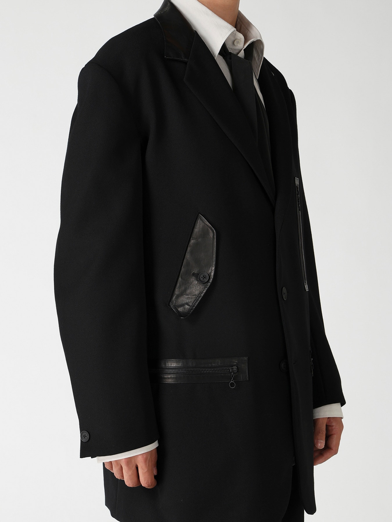 LEATHER ARMY GABARDINE PANEL ZIP JACKET