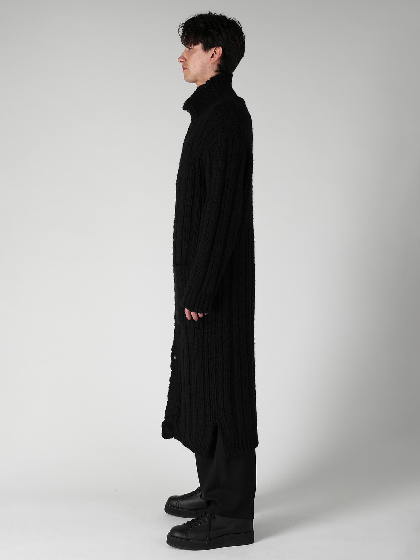 3G 1PLY RANDOM RIB HIGH NECK LONG CARDIGAN