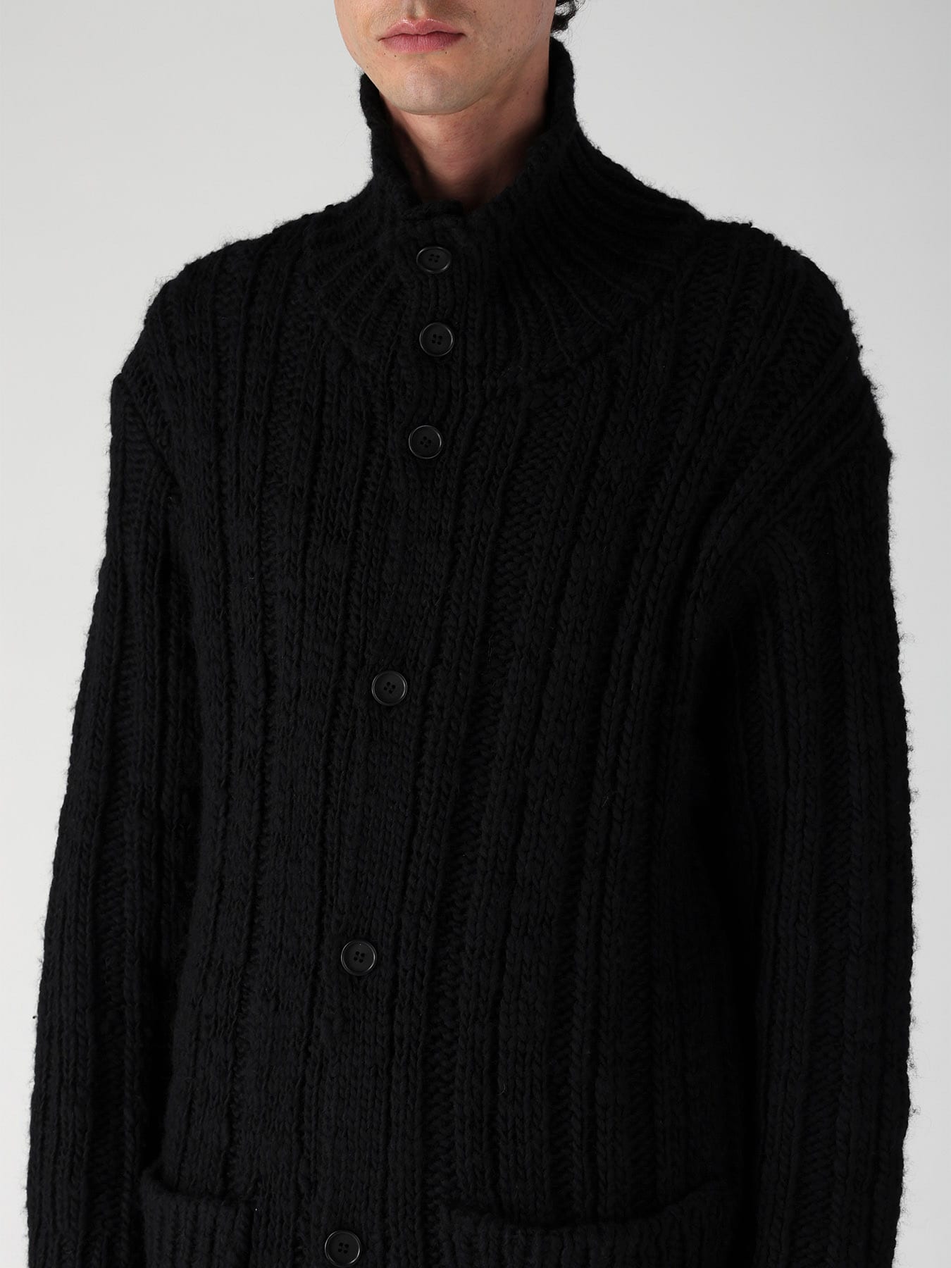 3G 1PLY RANDOM RIB HIGH NECK LONG CARDIGAN